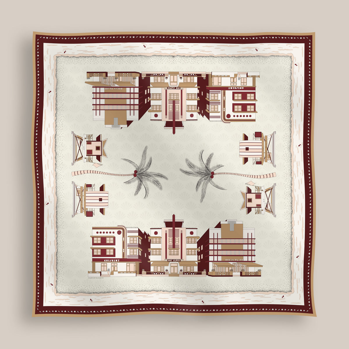 a miami beach inspired silk scarf featuring art deco buildings, palm trees, and lifeguard towers in red, brown, and cream colors