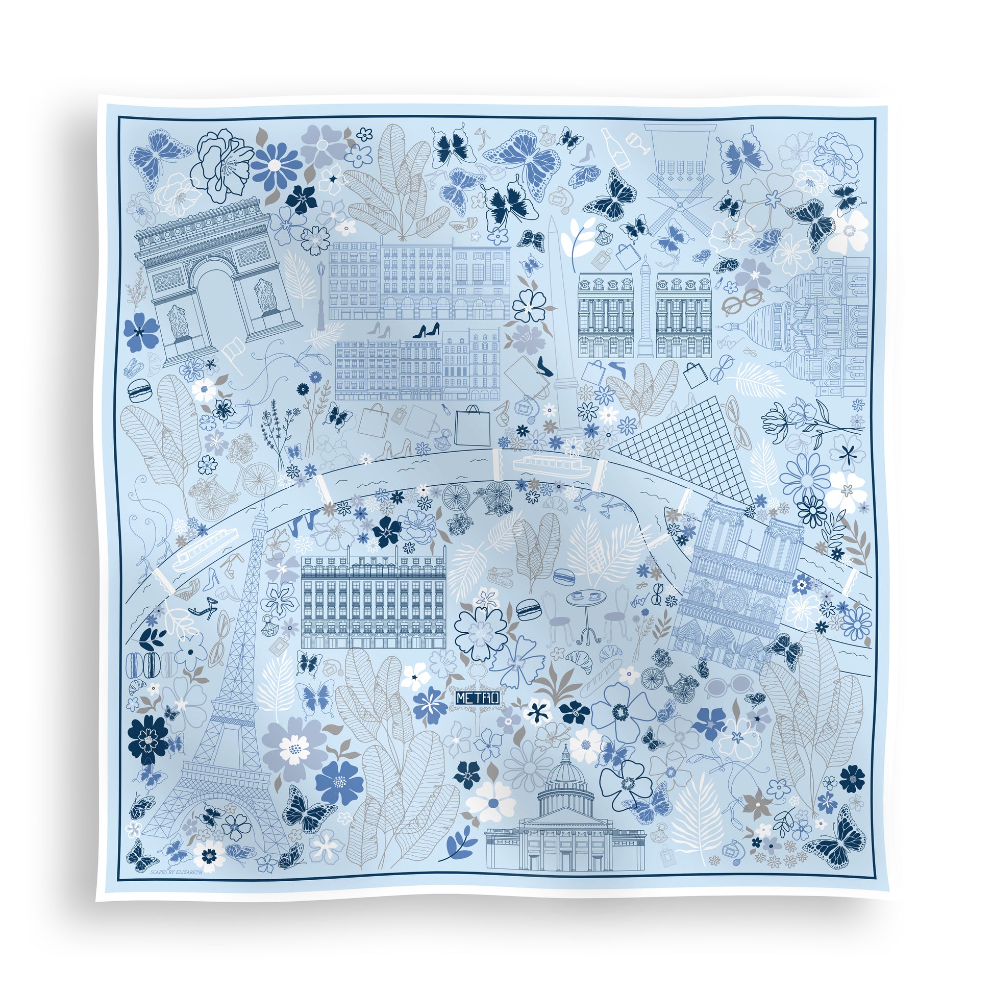 Blue Paris silk scarf featuring a hand-drawn map of Paris with iconic landmarks including the Eiffel Tower, Moulin Rouge, and Arc de Triomphe. 