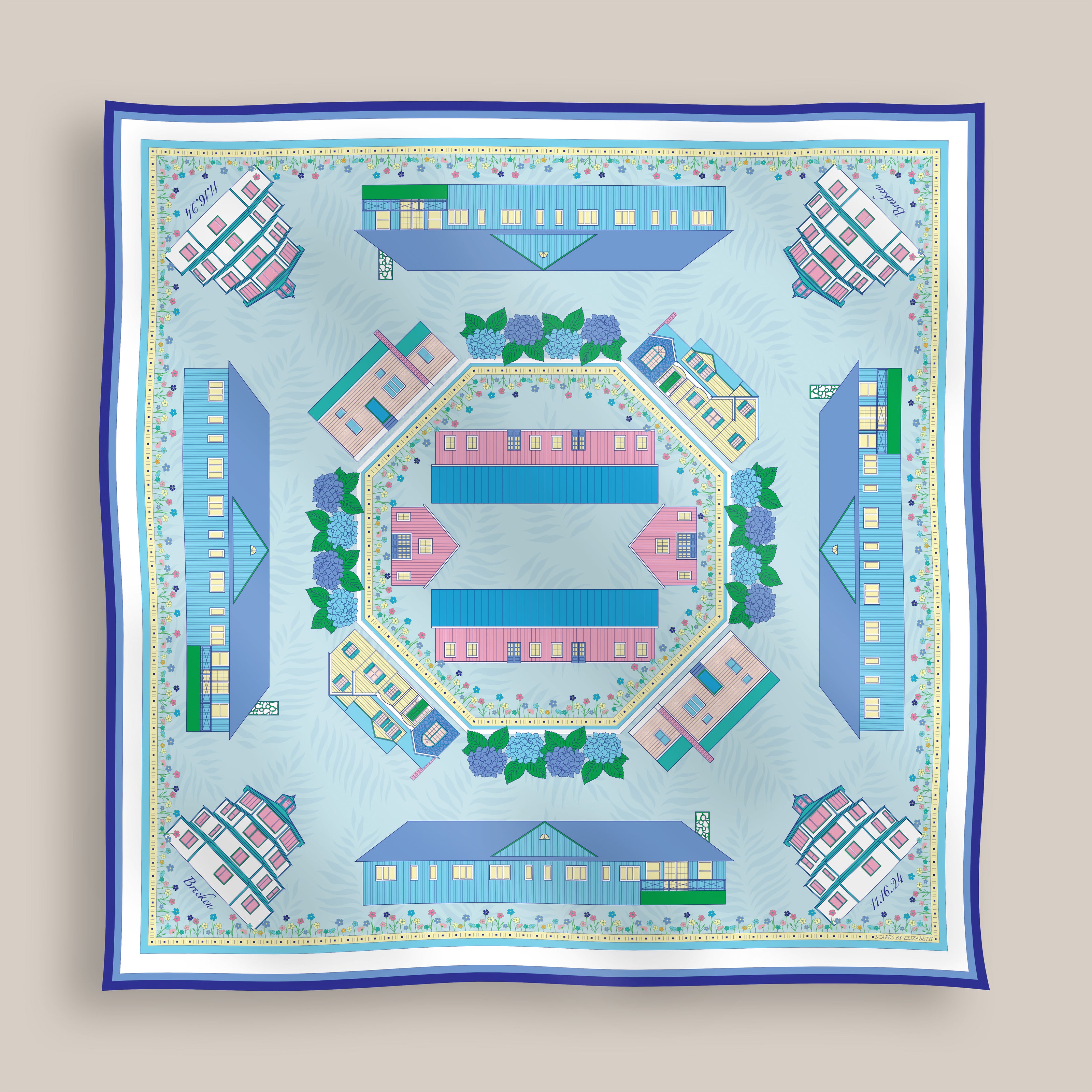 A square silk scarf laid flat on a light beige background, featuring a symmetrical illustrated pattern of houses, boats, and floral motifs in pastel blue, pink, green, yellow, and white.