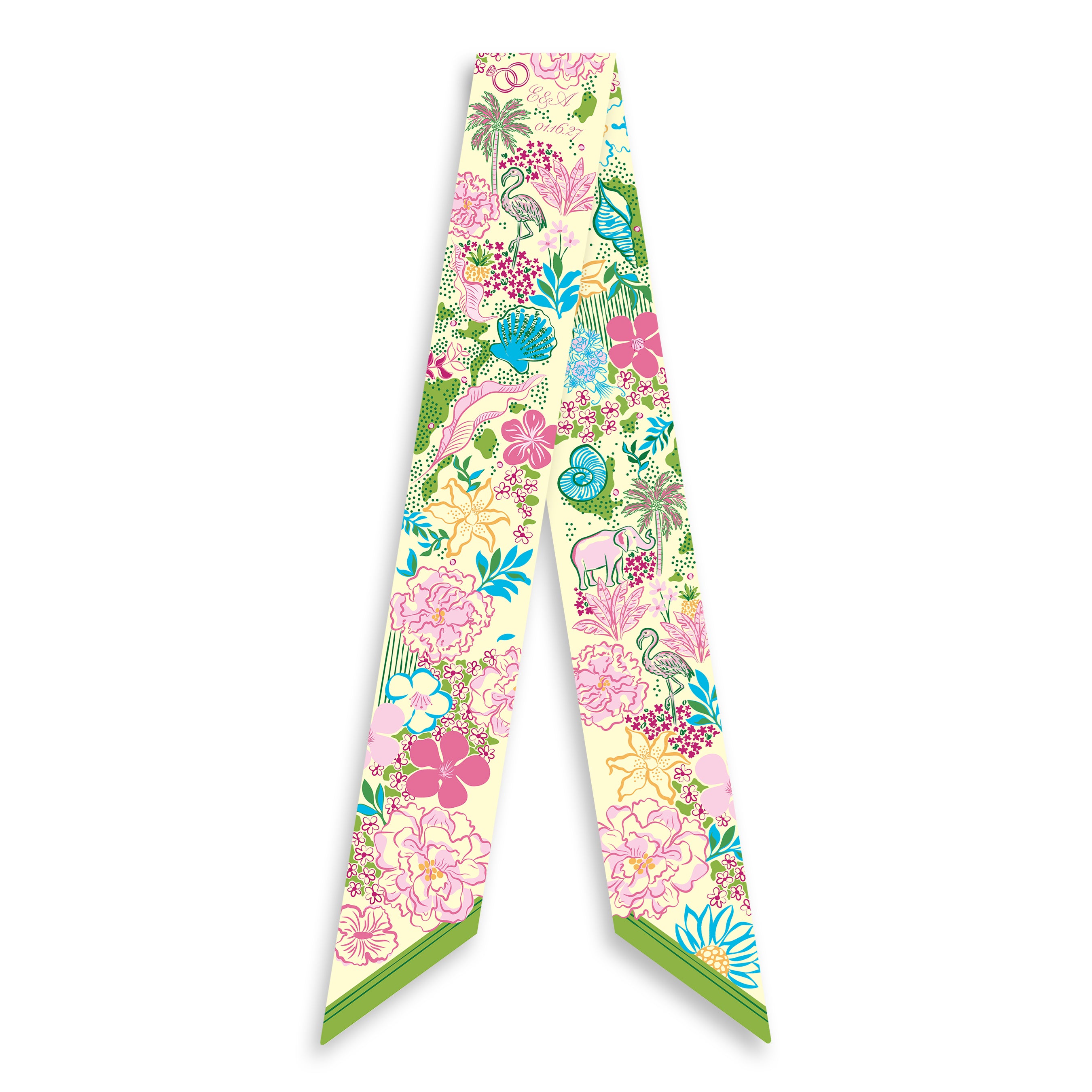 Custom designed bridal shower silk twilly in yellow, pink, blue, and green featuring hand drawn flowers, seashells, animals, palm trees, weddings rings, the wedding couples initials and wedding date.