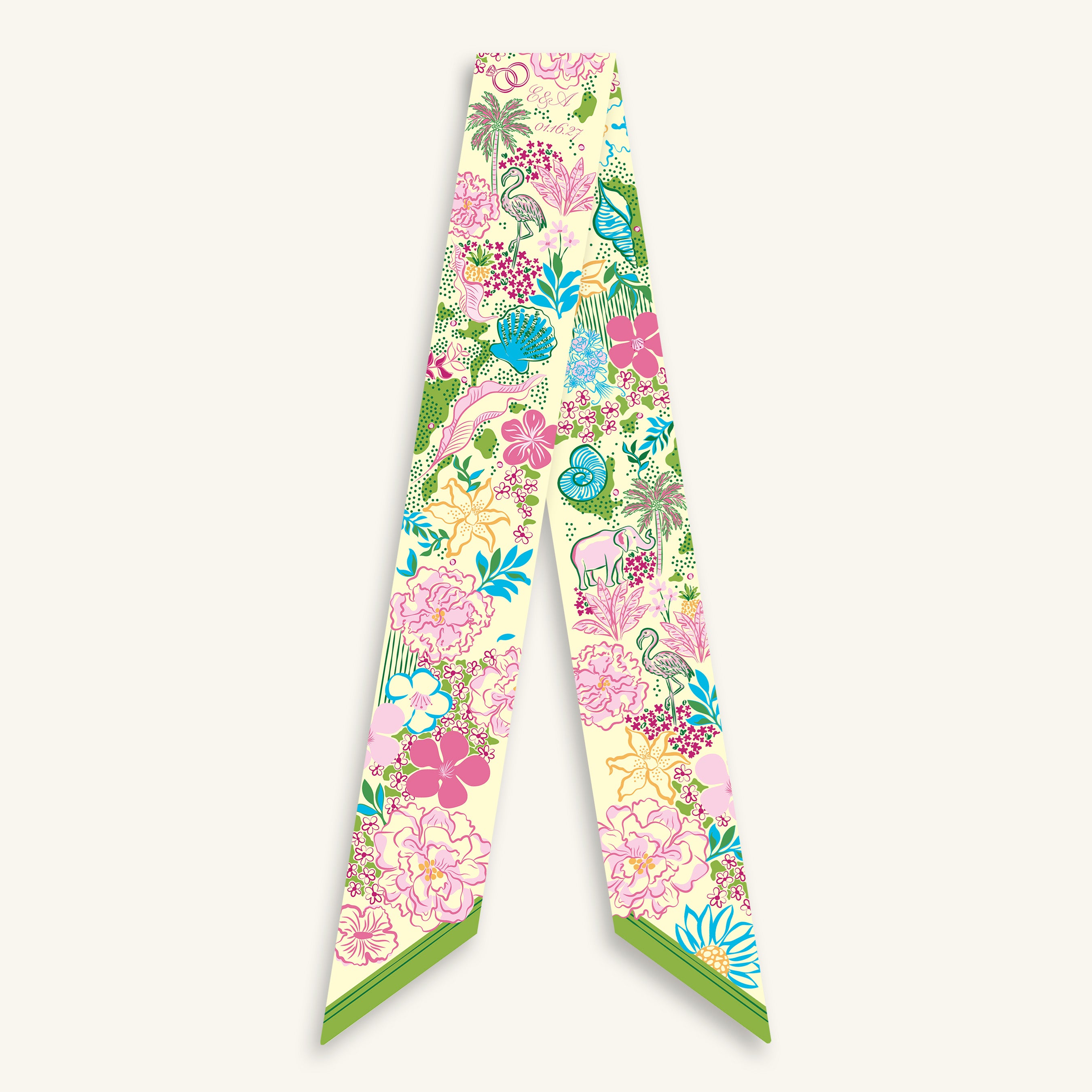 palm beach inspired custom twilly designed for a bridal shower featuring florals, seashells, tropical plants, flamingos, and elephants in yellow, blue, pinks, and green colors.