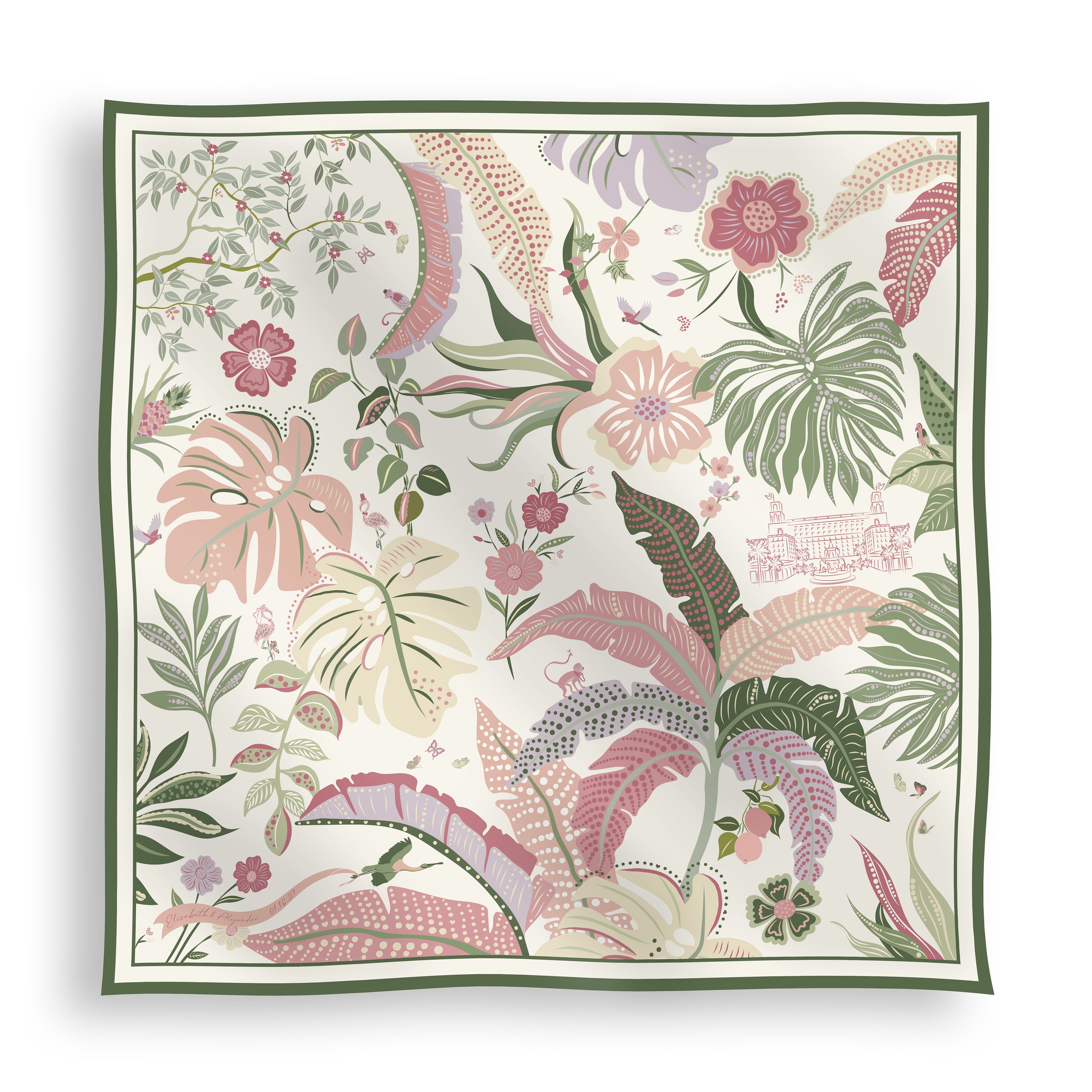 Custom designed silk scarf in pink, green, white, and purple colors featuring hand drawn flowers, palms, animals, and the Palm Beach icon The Breakers Hotel.