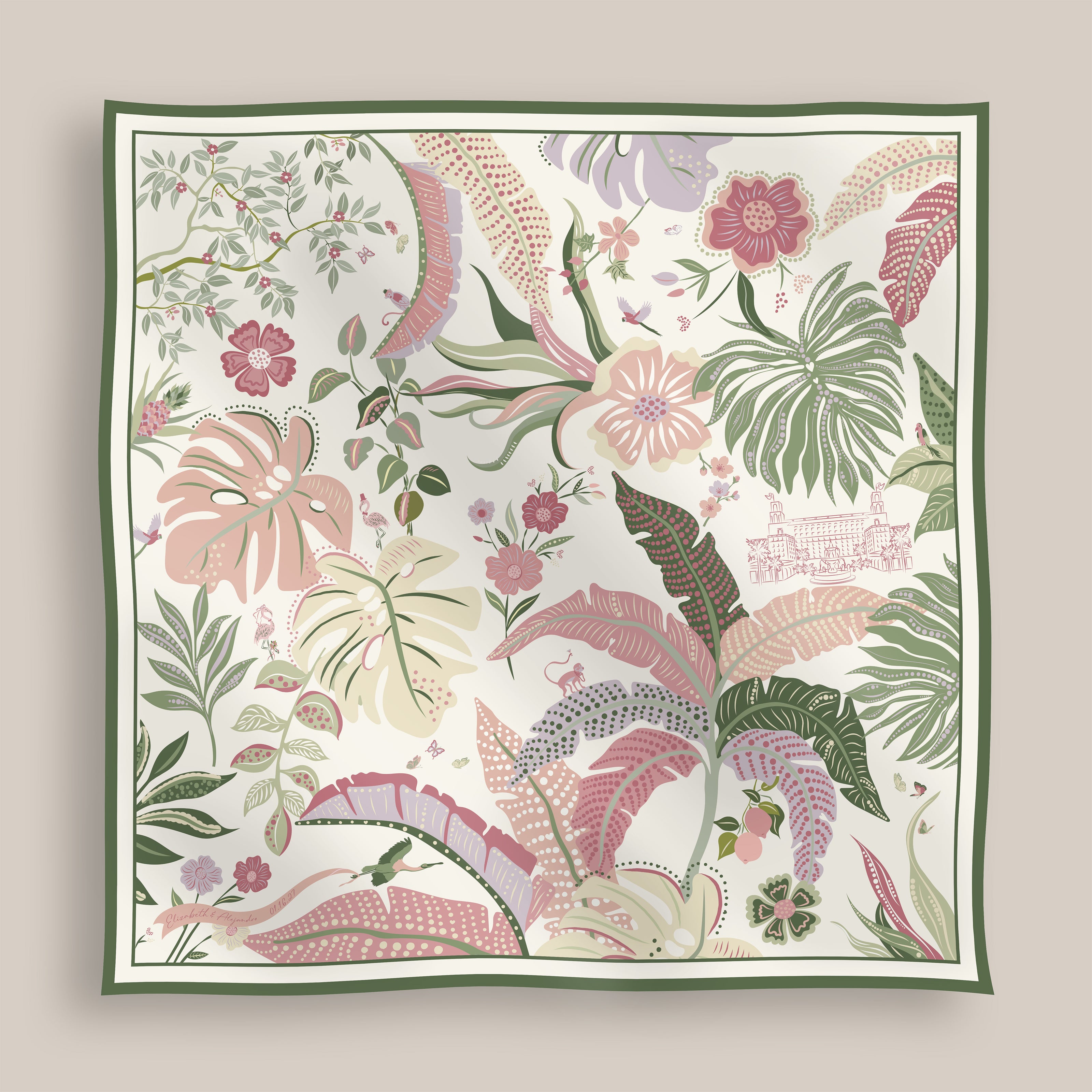 A square scarf featuring a detailed botanical and tropical pattern with monstera, palm, and hibiscus flowers in soft pink, sage green, and cream, finished with a dark green border.