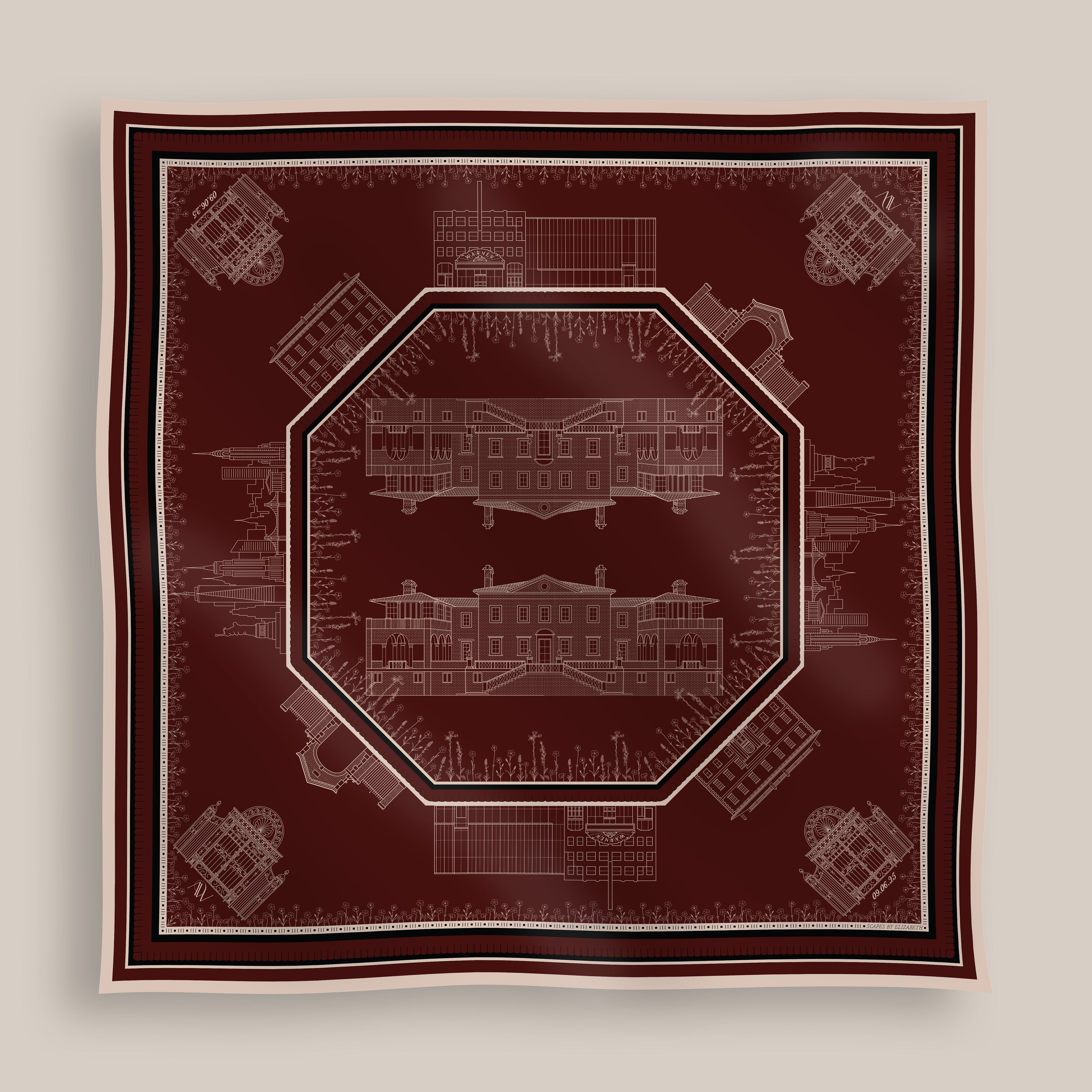 A square scarf featuring a blueprint-style architectural design of a mansion in the center, surrounded by an octagonal border and classical decorative motifs in a deep burgundy color, displayed against a neutral beige background.