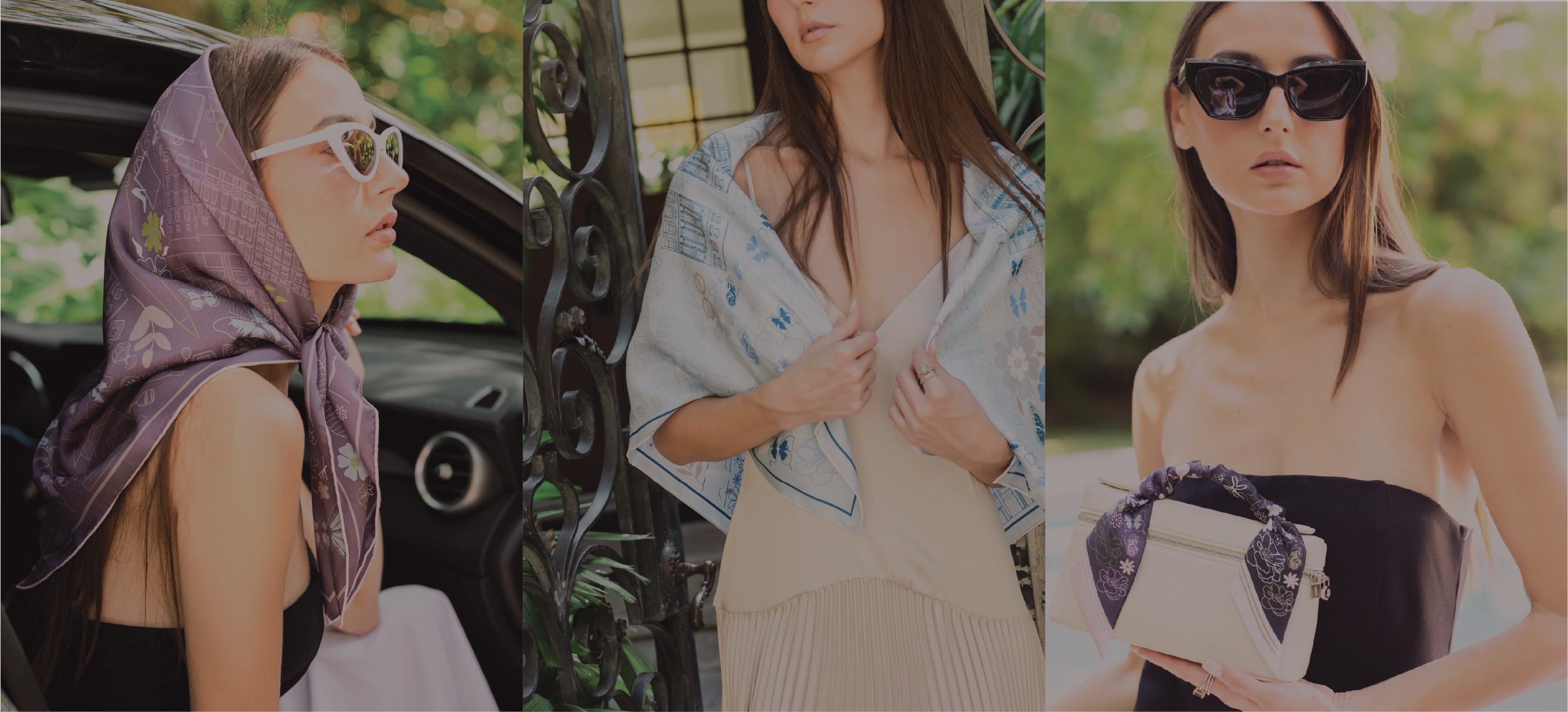 A three-panel collage showing women modeling a paris inspired silk scarf. The left panel shows a woman in a car wearing the scarf tied around her head; the middle panel shows a woman in a cream dress wearing the scarf draped over her shoulders; the right panel shows a woman wearing dark sunglasses and holding a white handbag with a purple scarf tied to it.