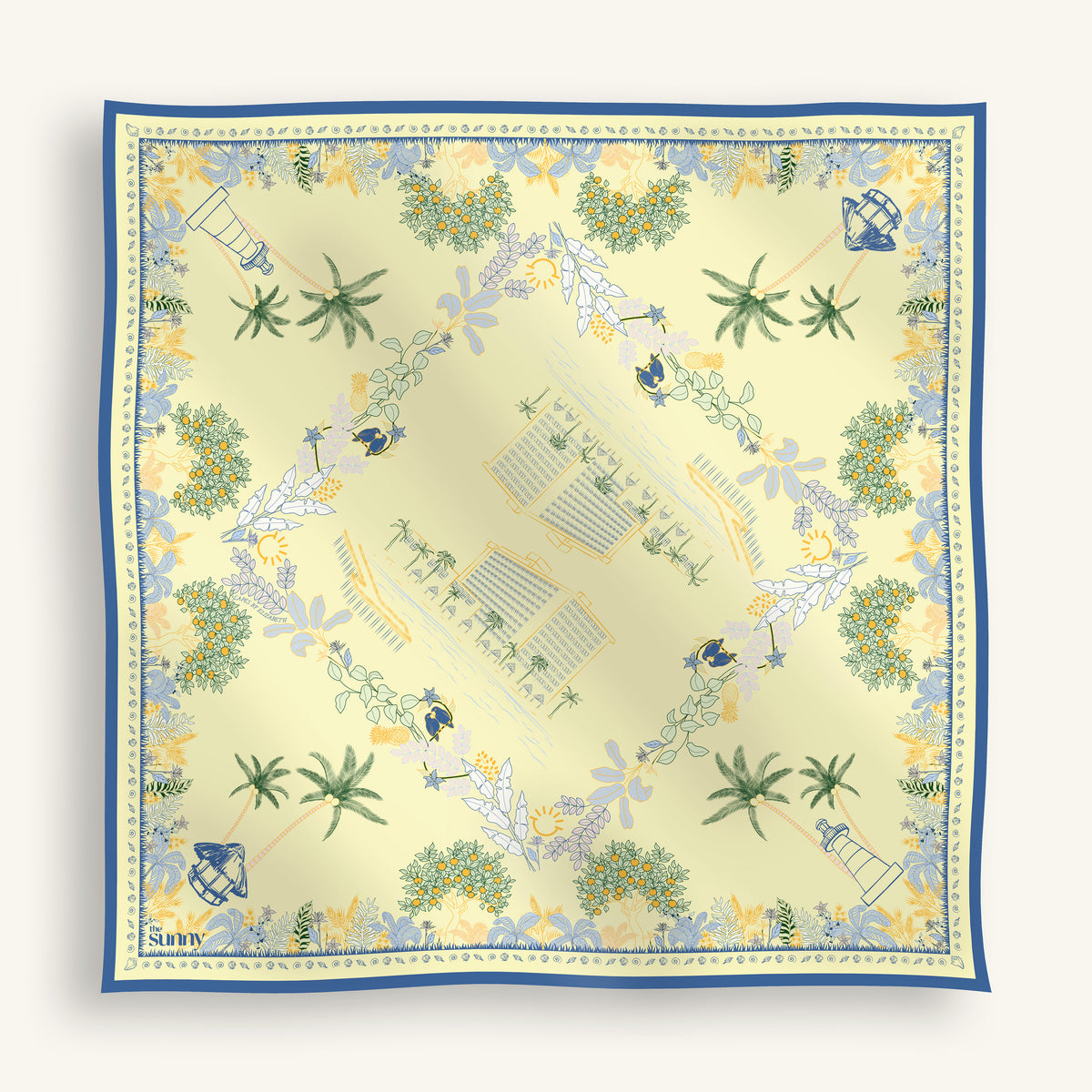 A square scarf with a cream-colored background, featuring a tropical and nautical design with palm trees, lighthouses, blue birds, and musical notes, framed by a blue border.