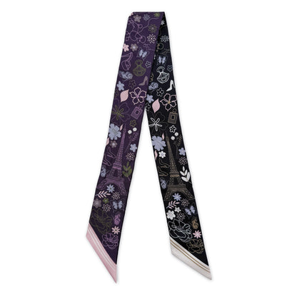 Purple and black Paris silk twilly featuring hand-drawn Paris landmarks and fashion-inspired details, including the Eiffel Tower.