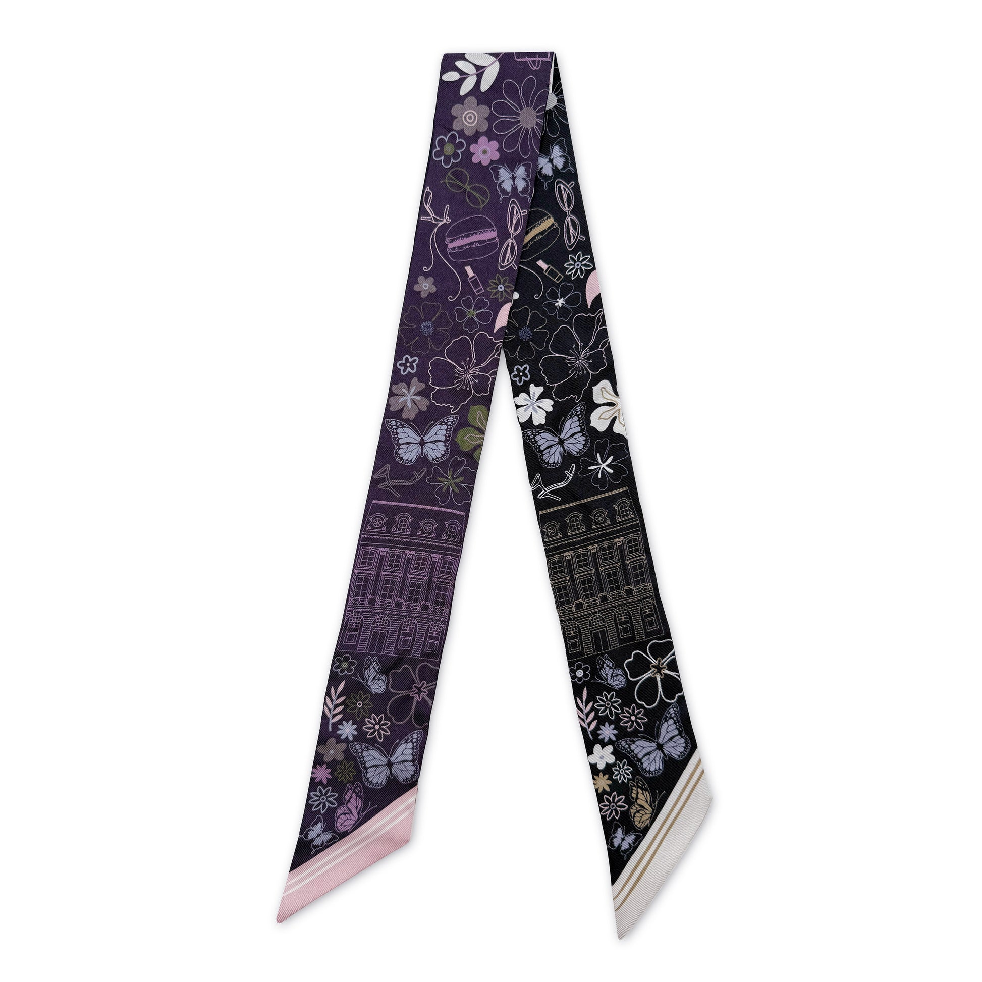 Purple and black Paris silk twilly featuring hand-drawn Paris landmarks and fashion-inspired details, including the Eiffel Tower.