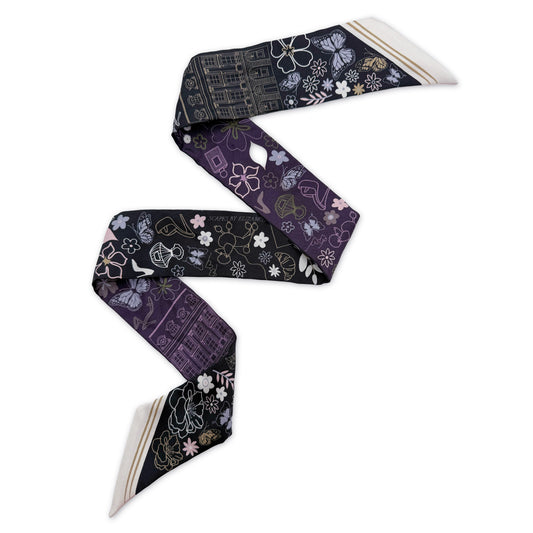 Purple and black Paris silk twilly featuring hand-drawn Paris landmarks and fashion-inspired details, including the Eiffel Tower and other iconic symbols of Paris.