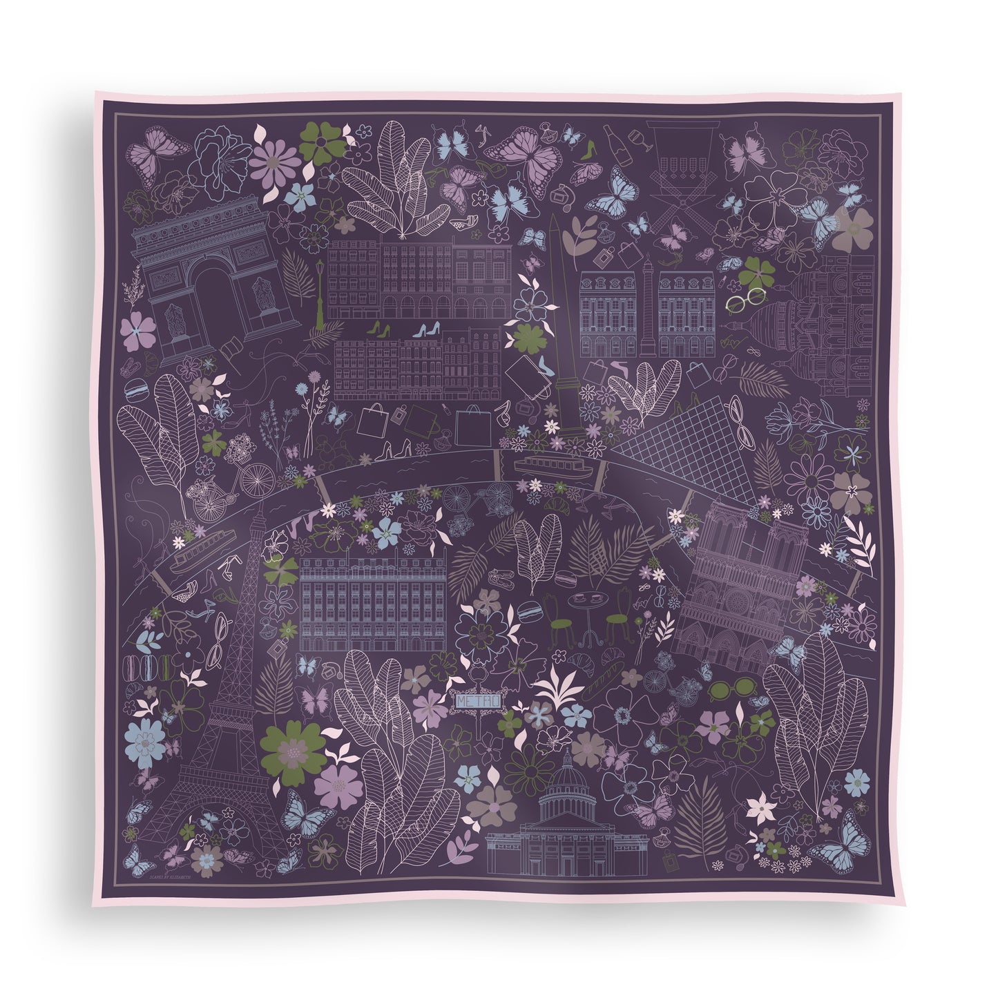 Purple, blue, and green Paris silk scarf featuring a hand-drawn map of Paris with iconic landmarks including the Eiffel Tower, Moulin Rouge, and Arc de Triomphe.