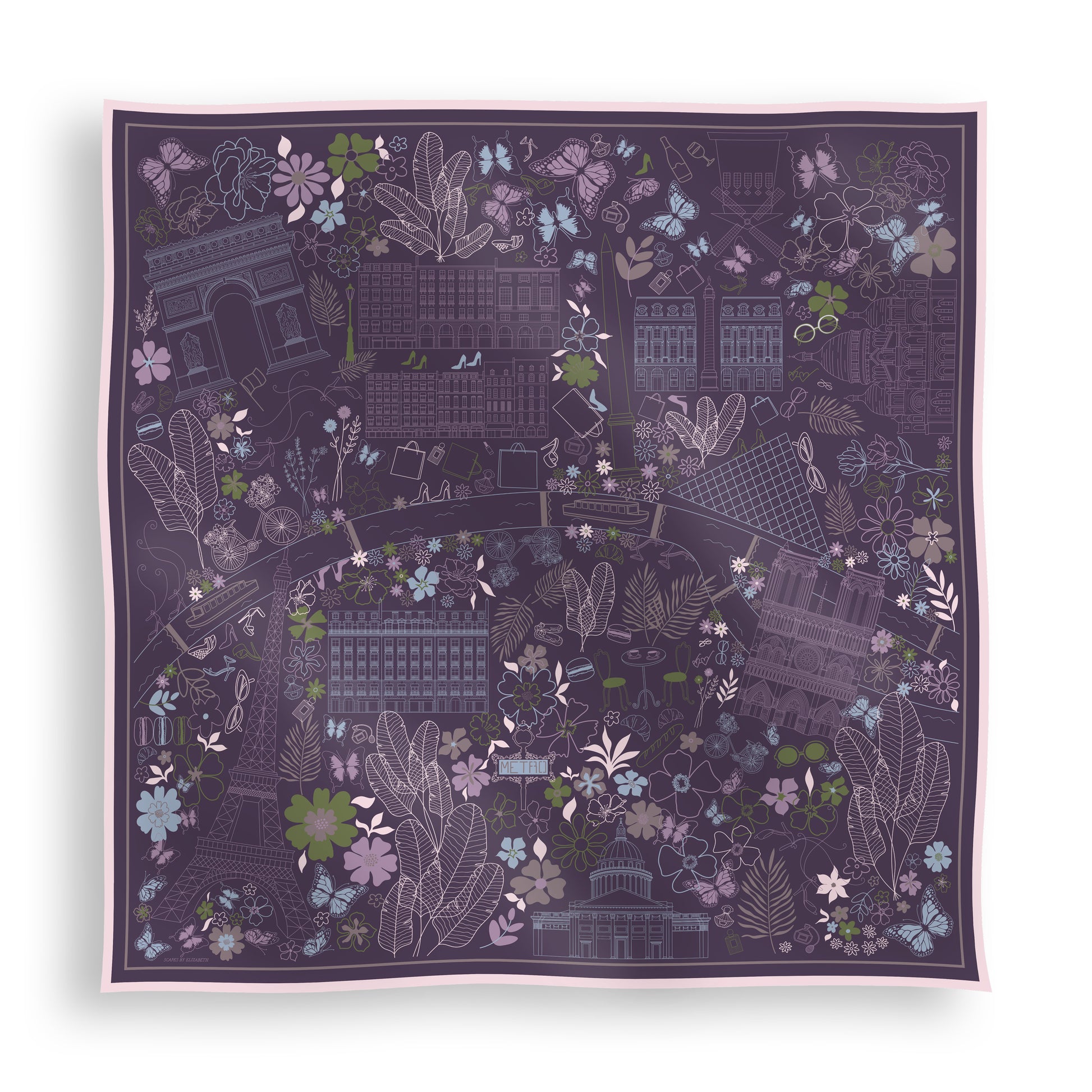Purple, blue, and green Paris silk scarf featuring a hand-drawn map of Paris with iconic landmarks including the Eiffel Tower, Moulin Rouge, and Arc de Triomphe.