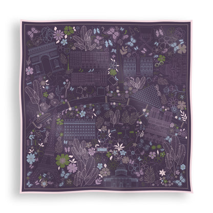 Purple, blue, and green Paris silk scarf featuring a hand-drawn map of Paris with iconic landmarks including the Eiffel Tower, Moulin Rouge, and Arc de Triomphe.