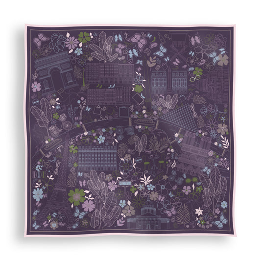 Purple, blue, and green Paris silk scarf featuring a hand-drawn map of Paris with iconic landmarks including the Eiffel Tower, Moulin Rouge, and Arc de Triomphe.