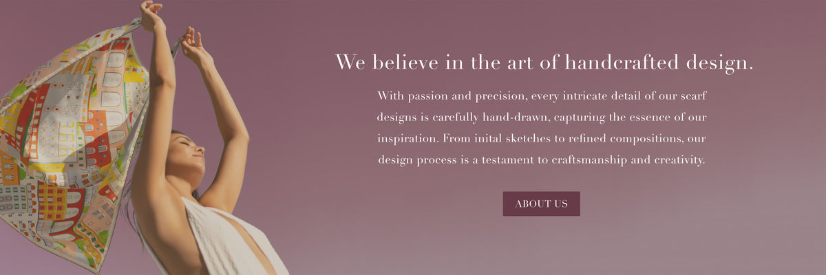 A promotional banner with a woman in a white dress holding up a colorful patterned scarf against a mauve background, alongside white text about handcrafted design and a small 'ABOUT US' button.