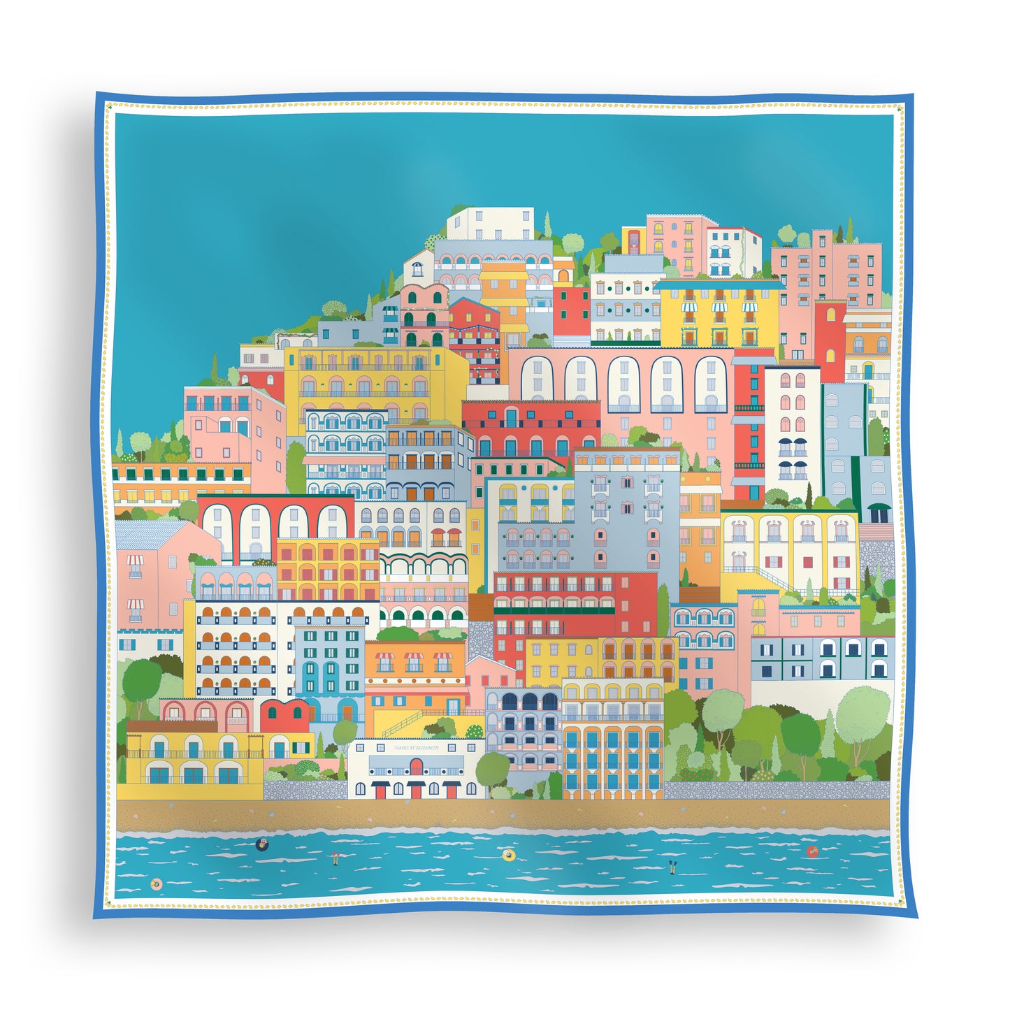 Bright turquoise blue Amalfi Coast silk scarf featuring hand-drawn illustrations inspired by Italy's colorful coastal villages, Mediterranean landscapes, and vibrant shades of red, yellow, and green displayed in a lay-flat view.