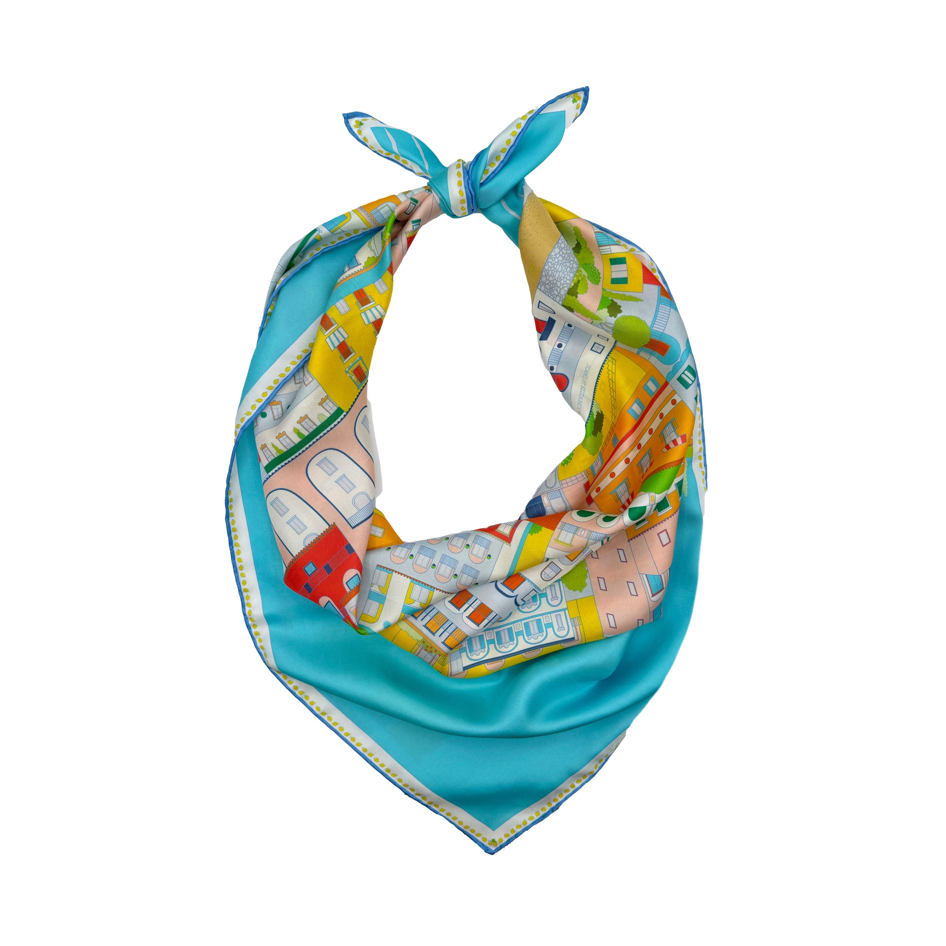 Bright turquoise blue Amalfi Coast silk scarf tied into a bandana featuring colorful hand-drawn artwork inspired by Italy's Amalfi Coast and Mediterranean landscapes.