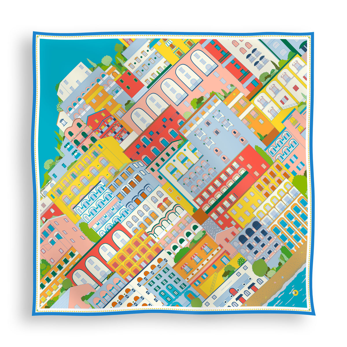 Amalfi Coast silk scarf in citrus splash featuring hand-drawn illustrations of Positano, Italy's iconic cliffside village, with colorful Mediterranean architecture, coastal scenery, and vibrant turquoise blue, red, yellow, and green tones displayed in a lay-flat view.