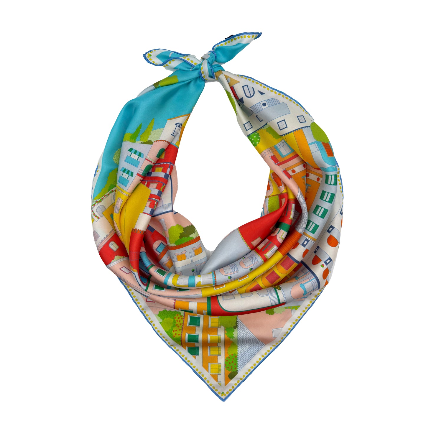 Amalfi Coast silk scarf in citrus splash styled as a neck bandana featuring hand-drawn artwork inspired by Positano, Italy's colorful cliffside village, and Mediterranean coastal landscapes in vibrant blues, reds, greens, and yellows.