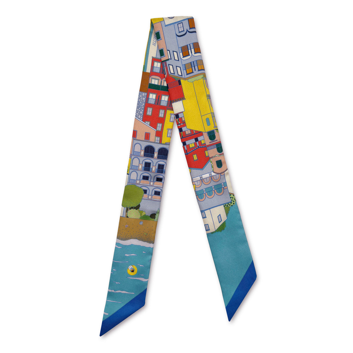 Close-up of the Citrus Splash Amalfi Coast silk skinny showcasing hand-drawn depiction of Positano in the Amalfi Coast, colorful cliffside villages, and Mediterranean-inspired design details.
