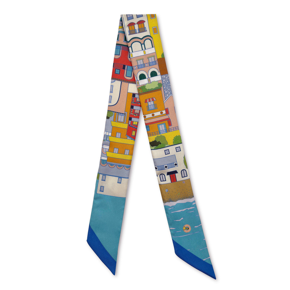 Citrus Splash Amalfi Coast silk skinny featuring hand-drawn Positano illustrations, colorful coastal architecture, the ocean, and Mediterranean-inspired artwork in vibrant blue, red, yellow, and green tones.