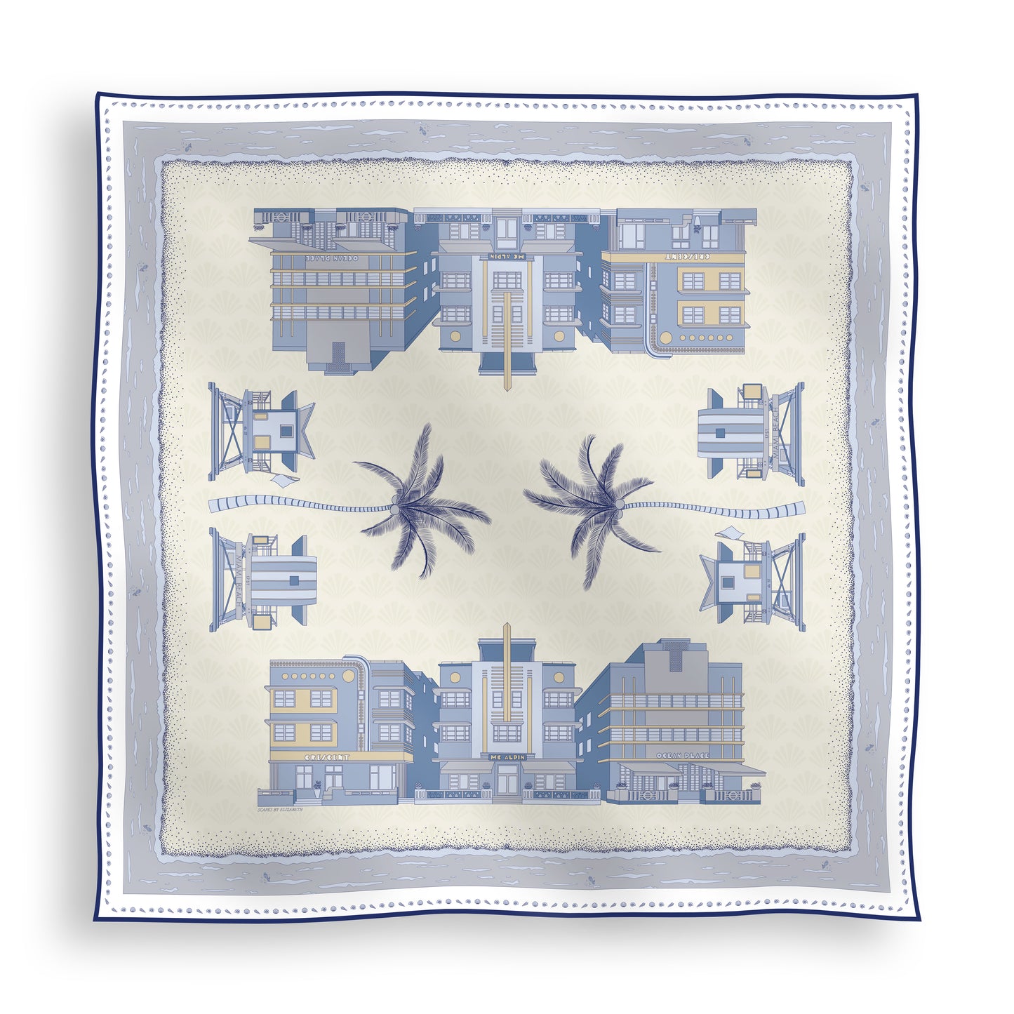 Cool Blue Miami Beach silk scarf featuring hand-drawn Art Deco buildings, iconic lifeguard towers, palm trees, and coastal scenery in shades of blue displayed in a lay-flat view.