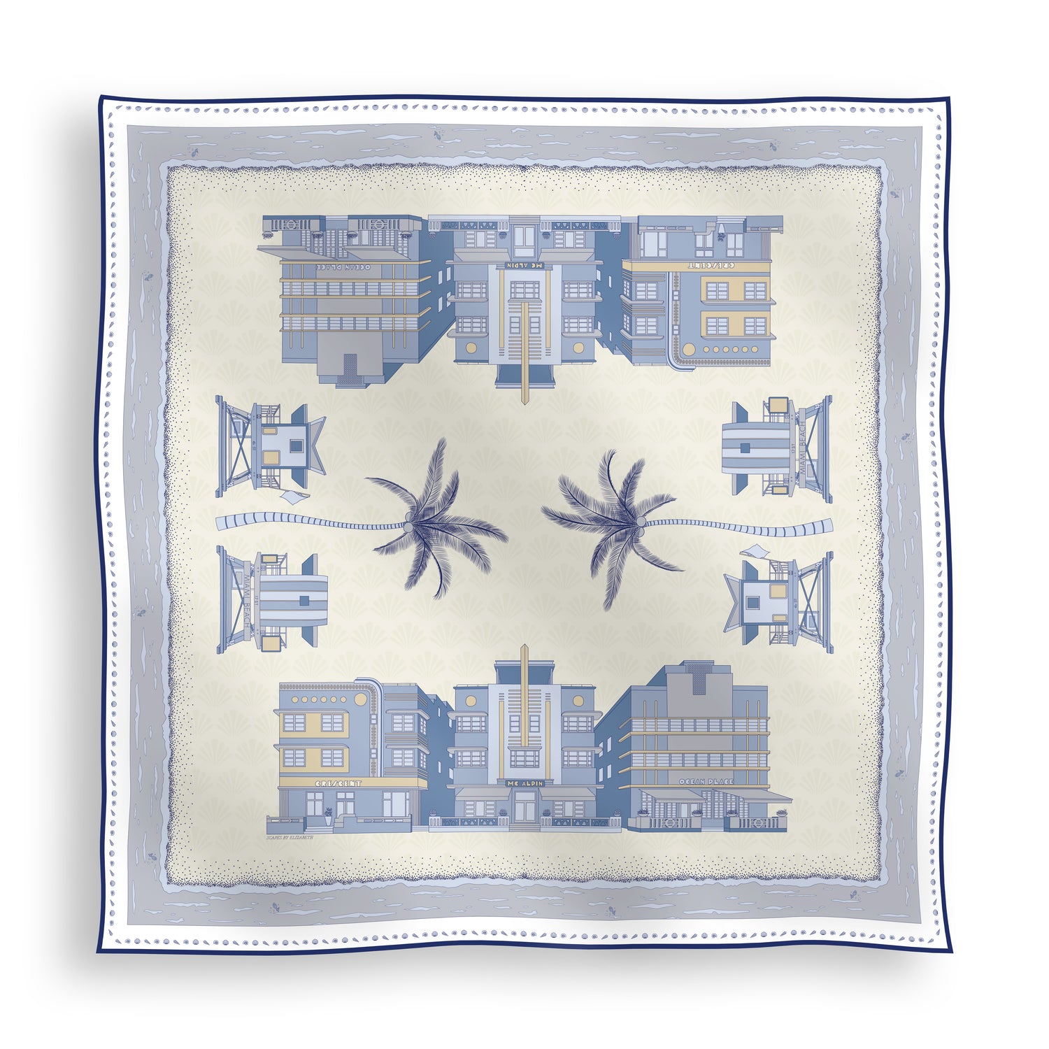 Cool Blue Miami Beach silk scarf featuring hand-drawn Art Deco buildings, iconic lifeguard towers, palm trees, and coastal scenery in shades of blue displayed in a lay-flat view.