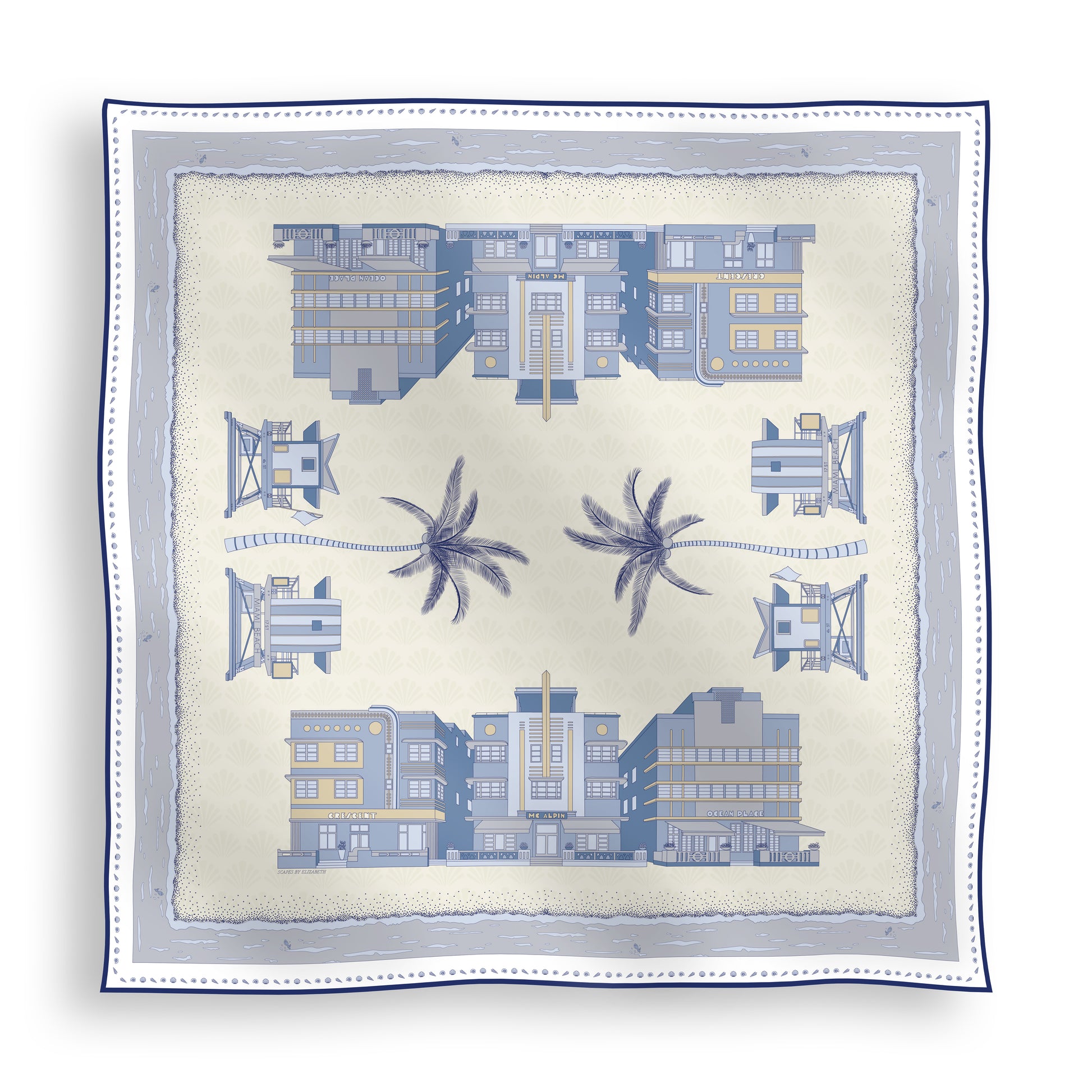 Cool Blue Miami Beach silk scarf featuring hand-drawn Art Deco buildings, iconic lifeguard towers, palm trees, and coastal scenery in shades of blue displayed in a lay-flat view.