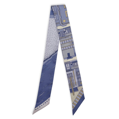 Cool Blue Miami Beach silk twilly featuring hand-drawn illustrations of iconic Miami Beach Art Deco buildings, historic architecture and coastal scenery.