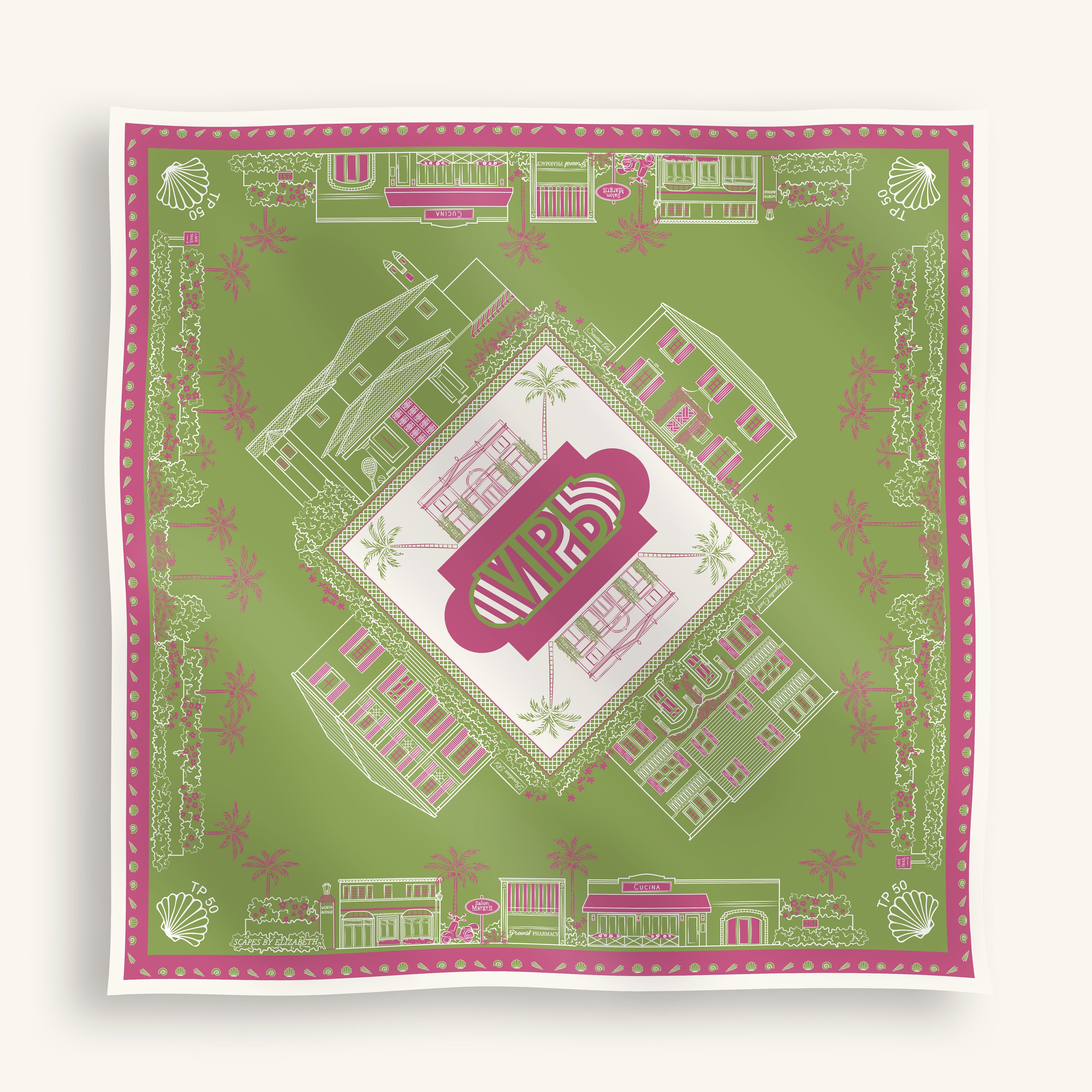 A square scarf featuring a green background with a pink and white architectural illustration of historic palm beach buildings and landscaping, and a decorative border.