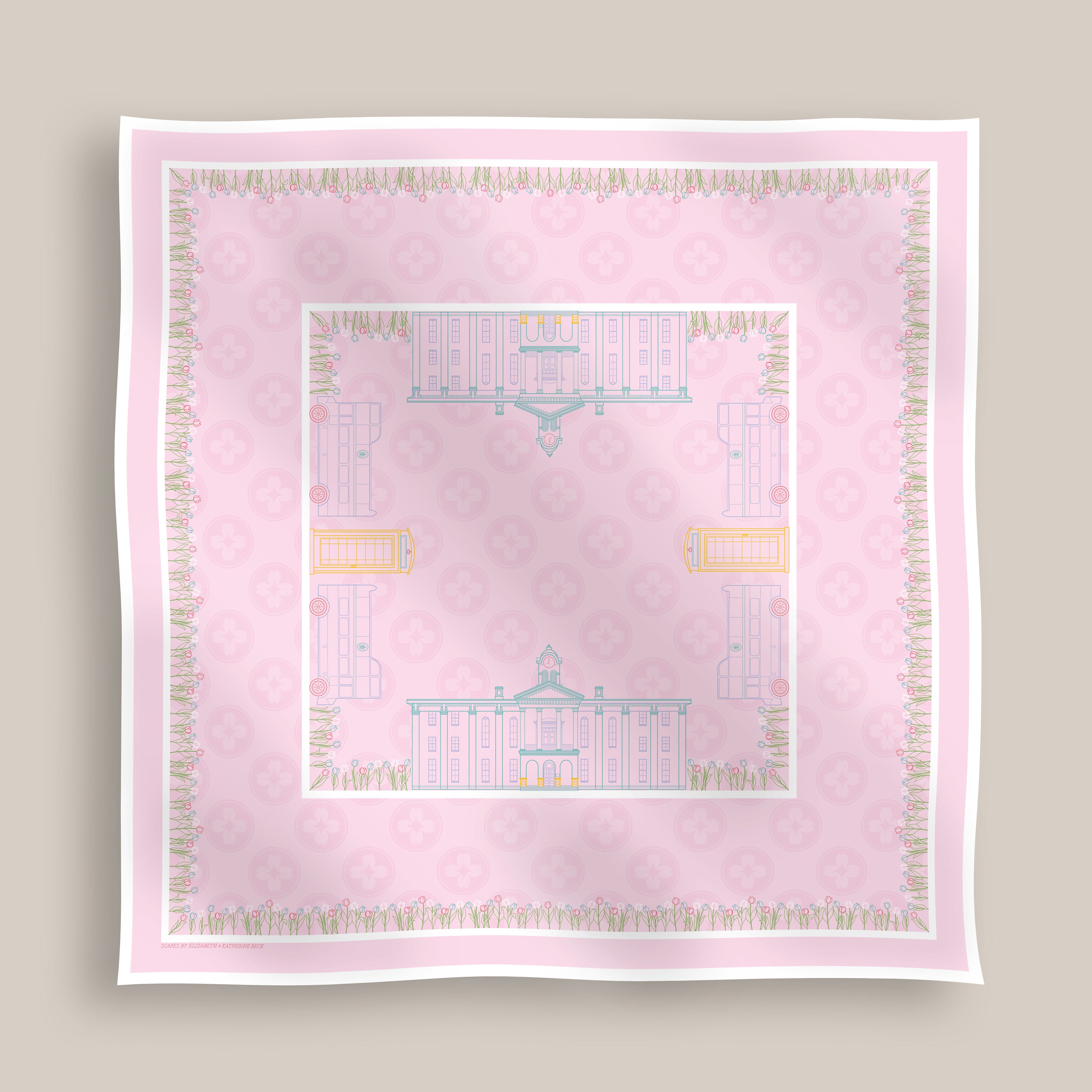 a custom designed scraf featuring architecture and landmarks inspired by oxford mississippi and tulips in pink, blue, yellow, green, and white colors