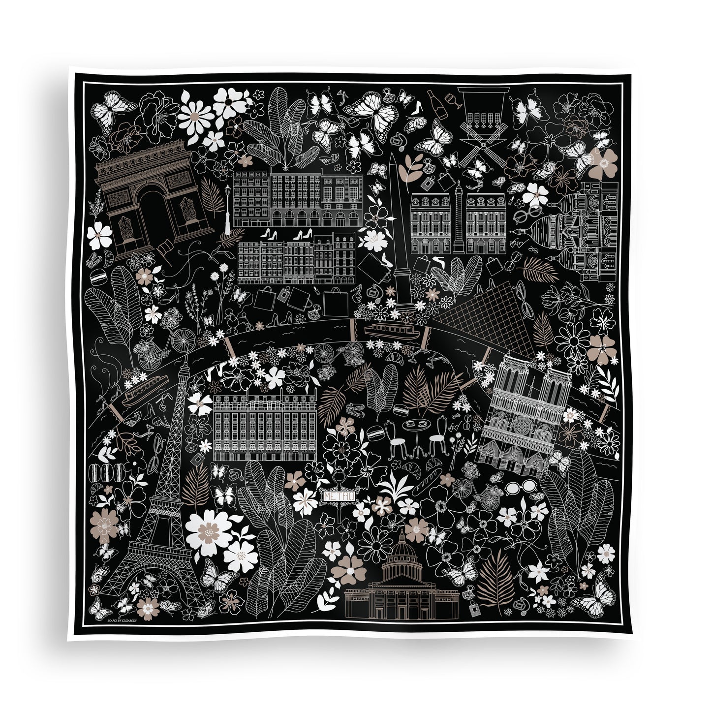 Black, white, and beige Paris silk scarf featuring a hand-drawn map of Paris with iconic landmarks including the Eiffel Tower, Moulin Rouge, Arc de Triomphe, luxury boutiques, and fashion-inspired details.