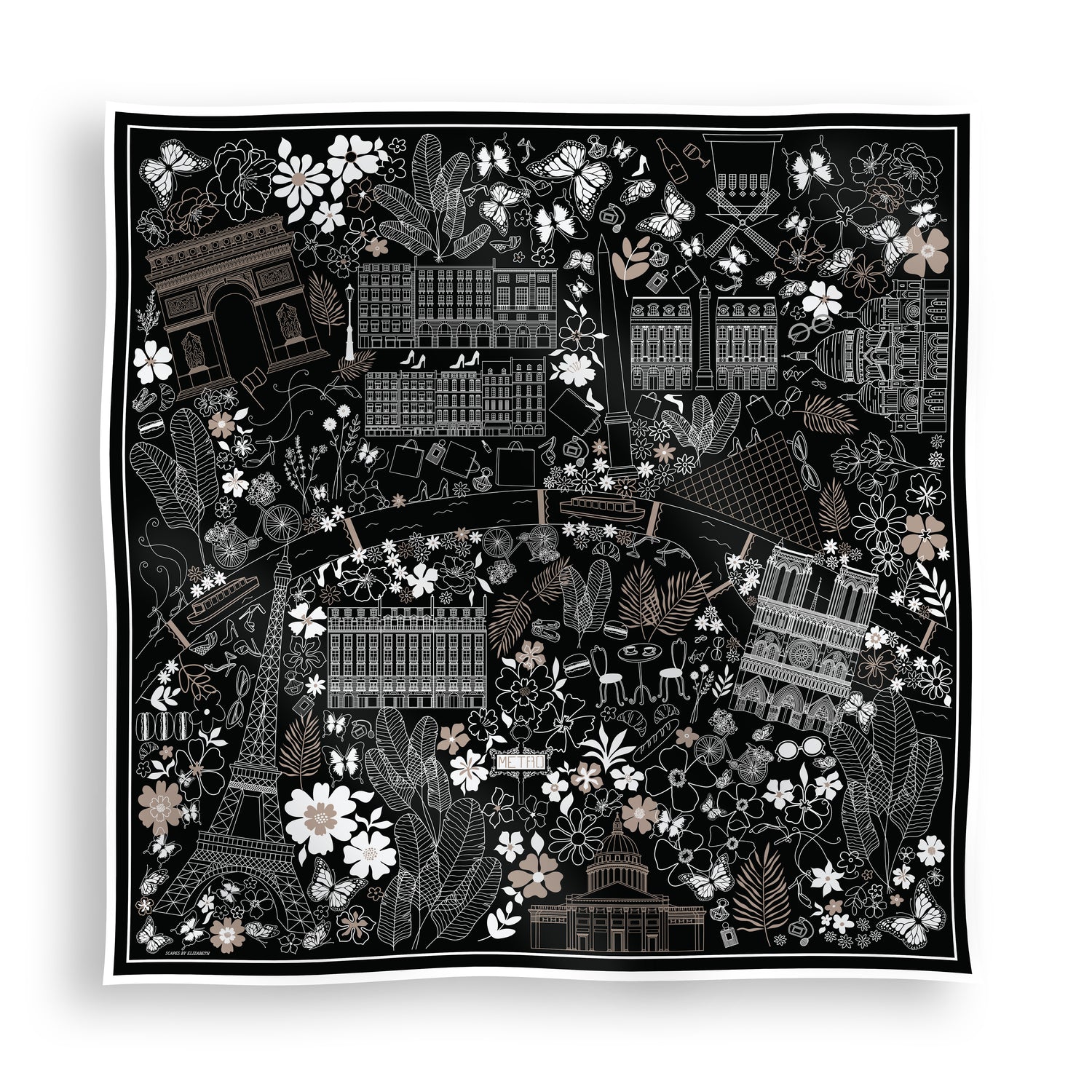 Black, white, and beige Paris silk scarf featuring a hand-drawn map of Paris with iconic landmarks including the Eiffel Tower, Moulin Rouge, Arc de Triomphe, luxury boutiques, and fashion-inspired details.