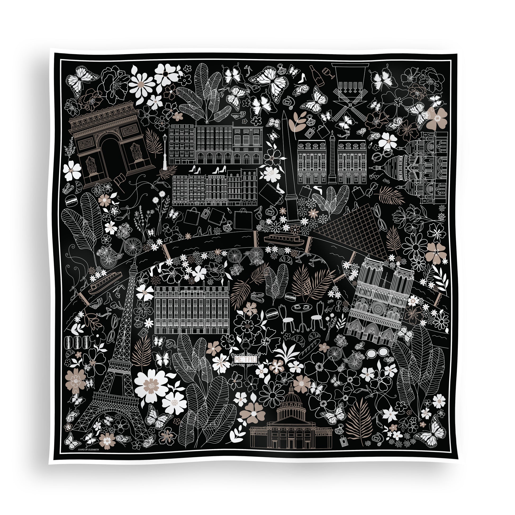 Black, white, and beige Paris silk scarf featuring a hand-drawn map of Paris with iconic landmarks including the Eiffel Tower, Moulin Rouge, Arc de Triomphe, luxury boutiques, and fashion-inspired details.