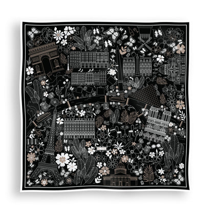 Black, white, and beige Paris silk scarf featuring a hand-drawn map of Paris with iconic landmarks including the Eiffel Tower, Moulin Rouge, Arc de Triomphe, luxury boutiques, and fashion-inspired details.