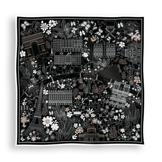 Black, white, and beige Paris silk scarf featuring a hand-drawn map of Paris with iconic landmarks including the Eiffel Tower, Moulin Rouge, Arc de Triomphe, luxury boutiques, and fashion-inspired details.