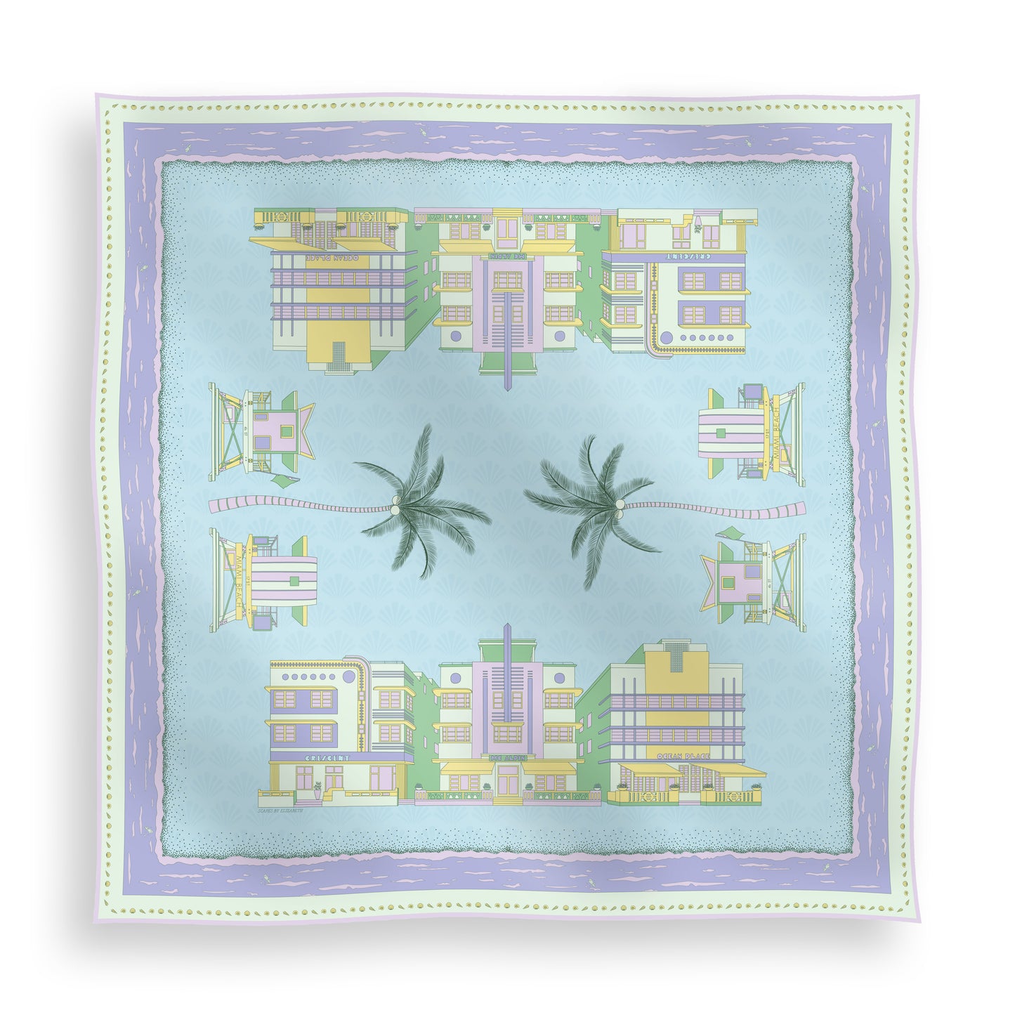 Pastel Miami Beach silk scarf featuring hand-drawn miami Art Deco buildings, iconic miami beach lifeguard towers, palm trees, coastal scenery, and a subtle shell pattern in pastel blue, green, purple, and yellow tones displayed in a lay-flat view.