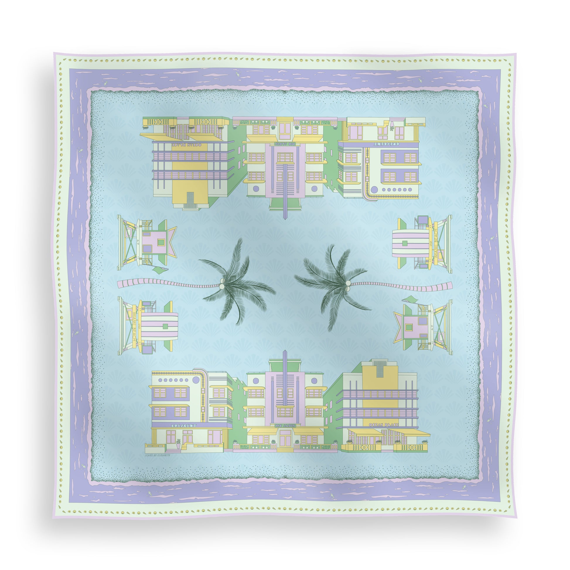 Pastel Miami Beach silk scarf featuring hand-drawn miami Art Deco buildings, iconic miami beach lifeguard towers, palm trees, coastal scenery, and a subtle shell pattern in pastel blue, green, purple, and yellow tones displayed in a lay-flat view.