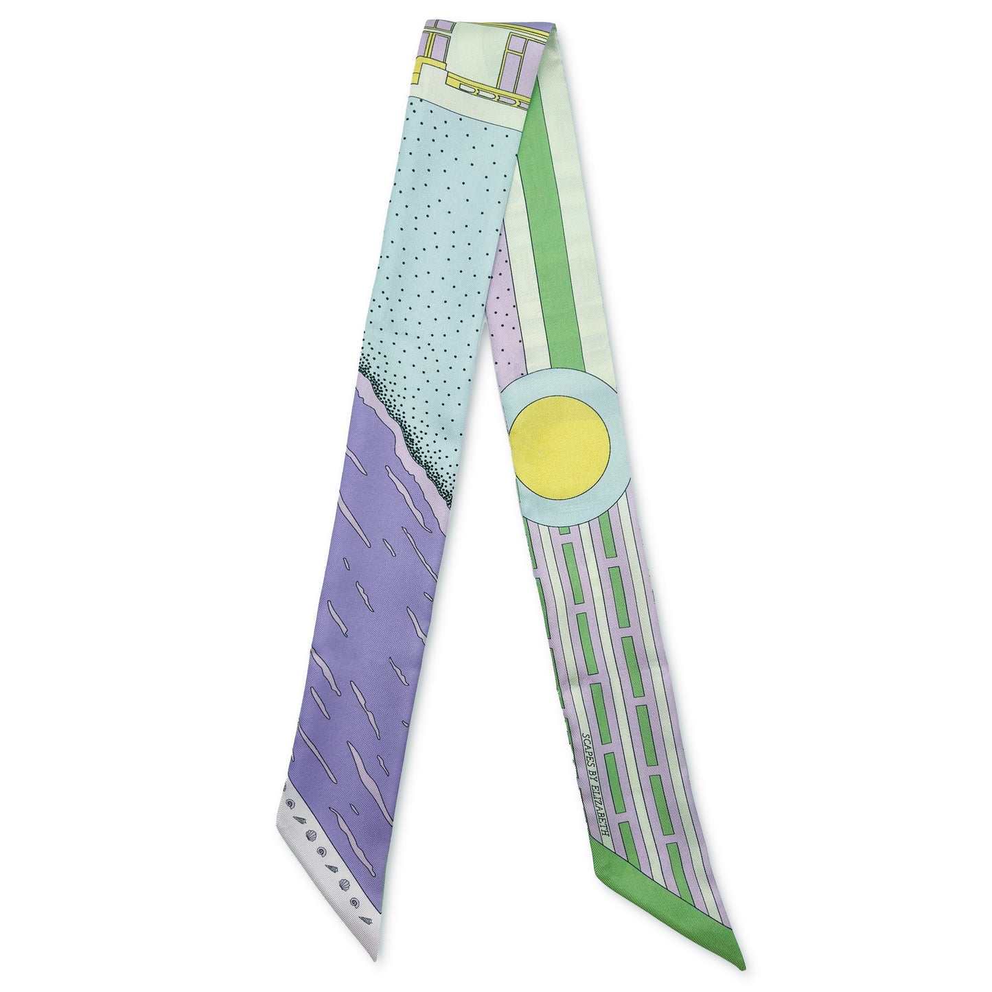 Pastel Miami Beach silk skinny featuring a geometric pattern inspired by Miami Beach Art Deco architecture in pastel purple, yellow, blue, and green spring tones.