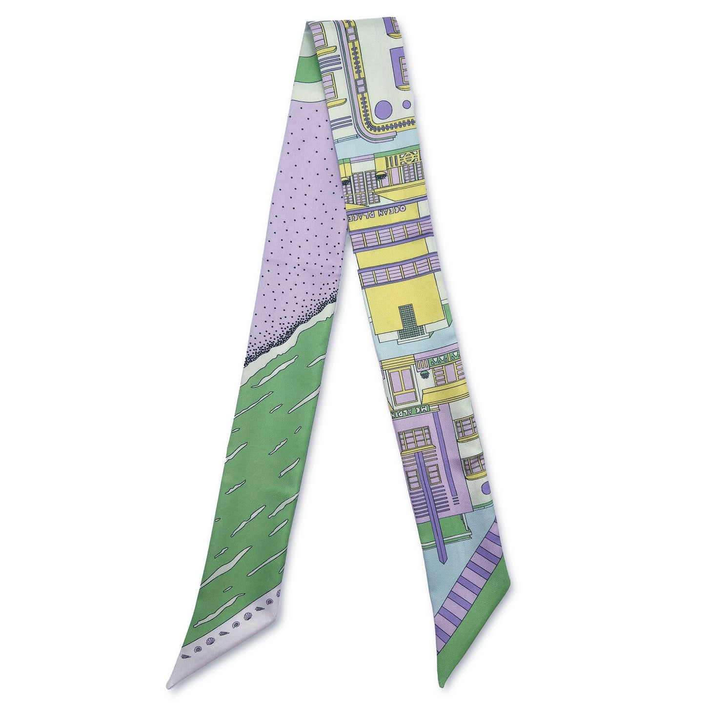 Pastel Miami Beach silk twilly featuring hand-drawn illustrations of iconic Miami Beach Art Deco buildings, historic architecture and coastal scenery in pastel purple, yellow, blue, and green tones in a lay flat view.