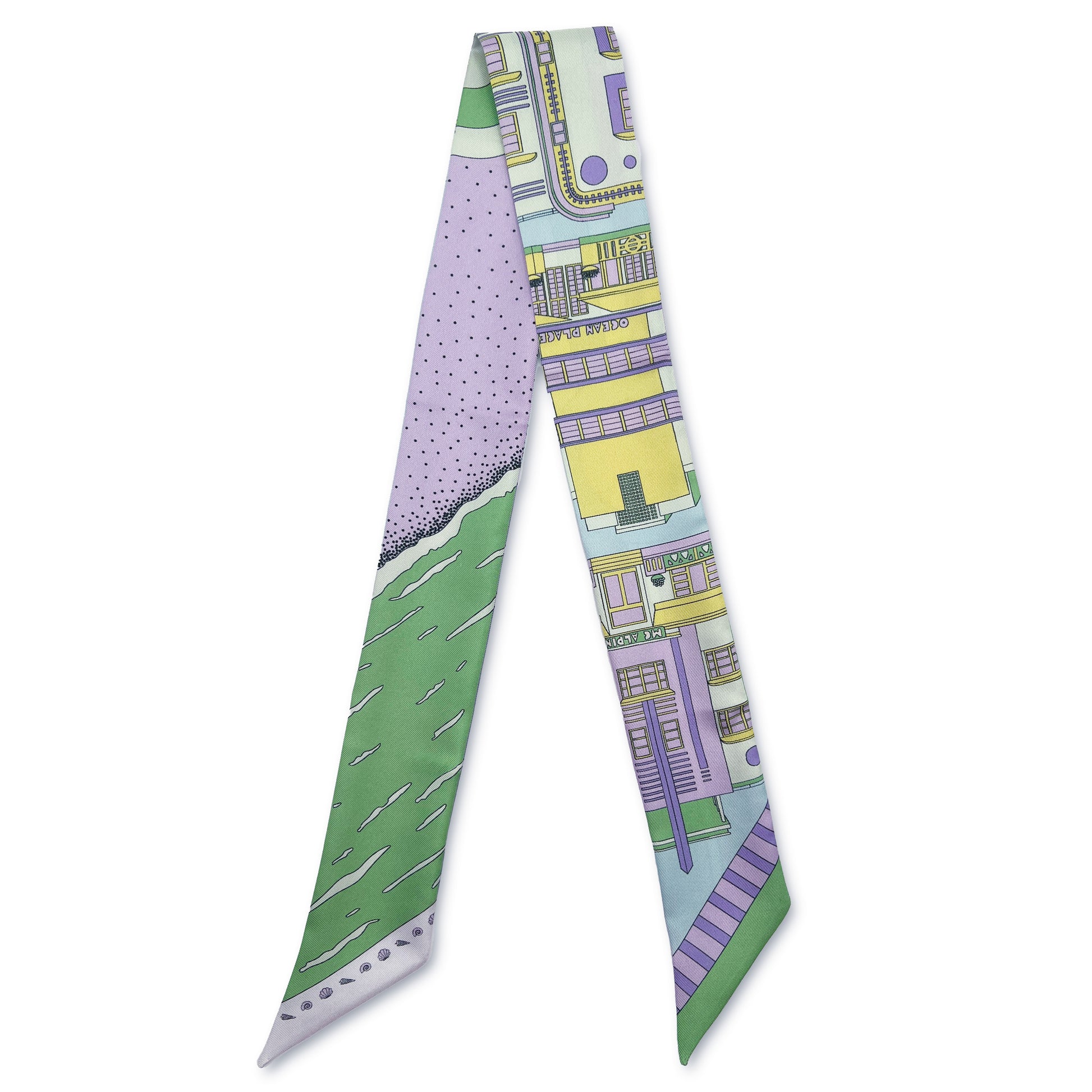 Pastel Miami Beach silk twilly featuring hand-drawn illustrations of iconic Miami Beach Art Deco buildings, historic architecture and coastal scenery in pastel purple, yellow, blue, and green tones in a lay flat view.