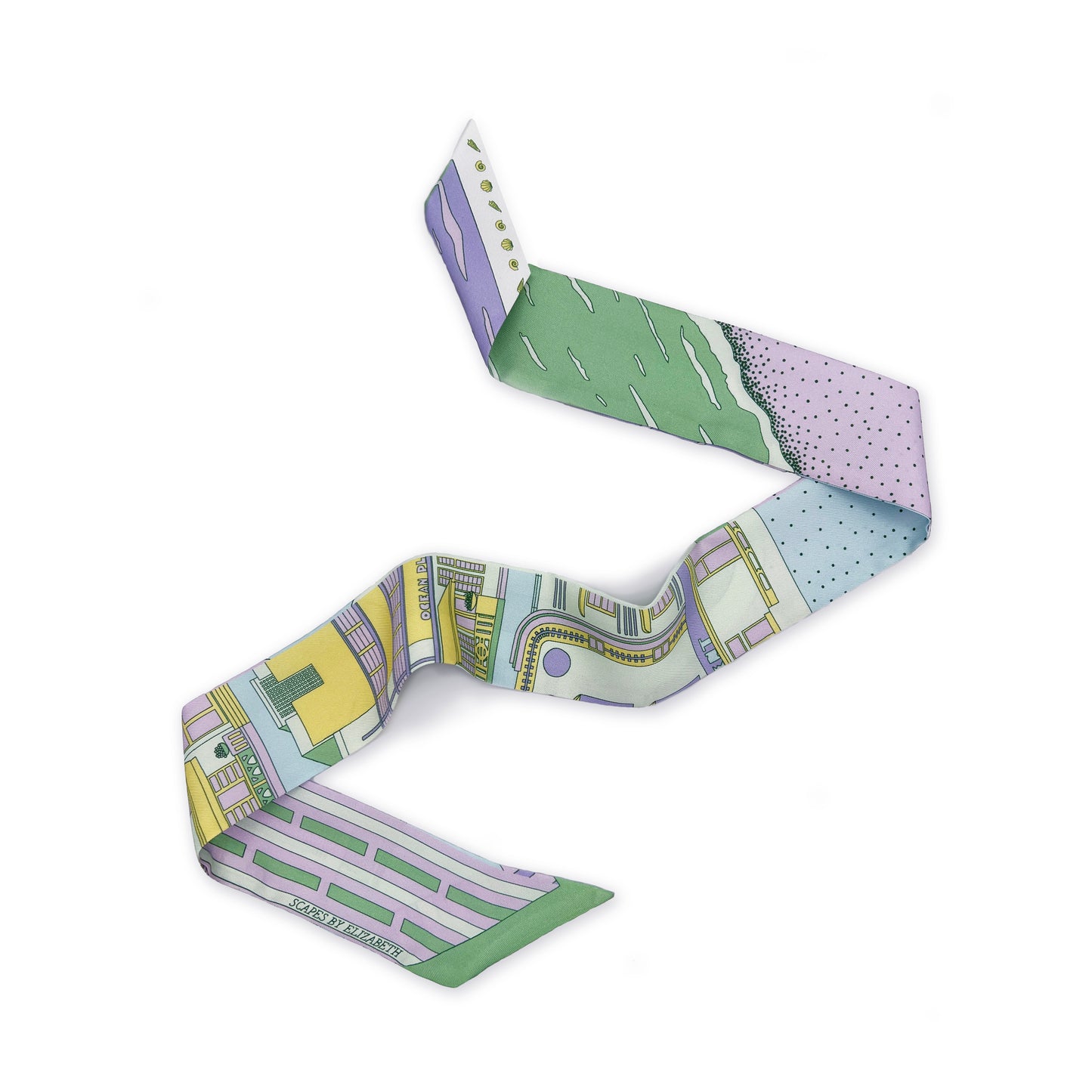 Pastel Miami Beach silk twilly featuring hand-drawn illustrations of iconic Miami Beach Art Deco architecture and coastal scenery in soft pastel tones of purple, yellow, blue, and green displayed in a lay-flat view.