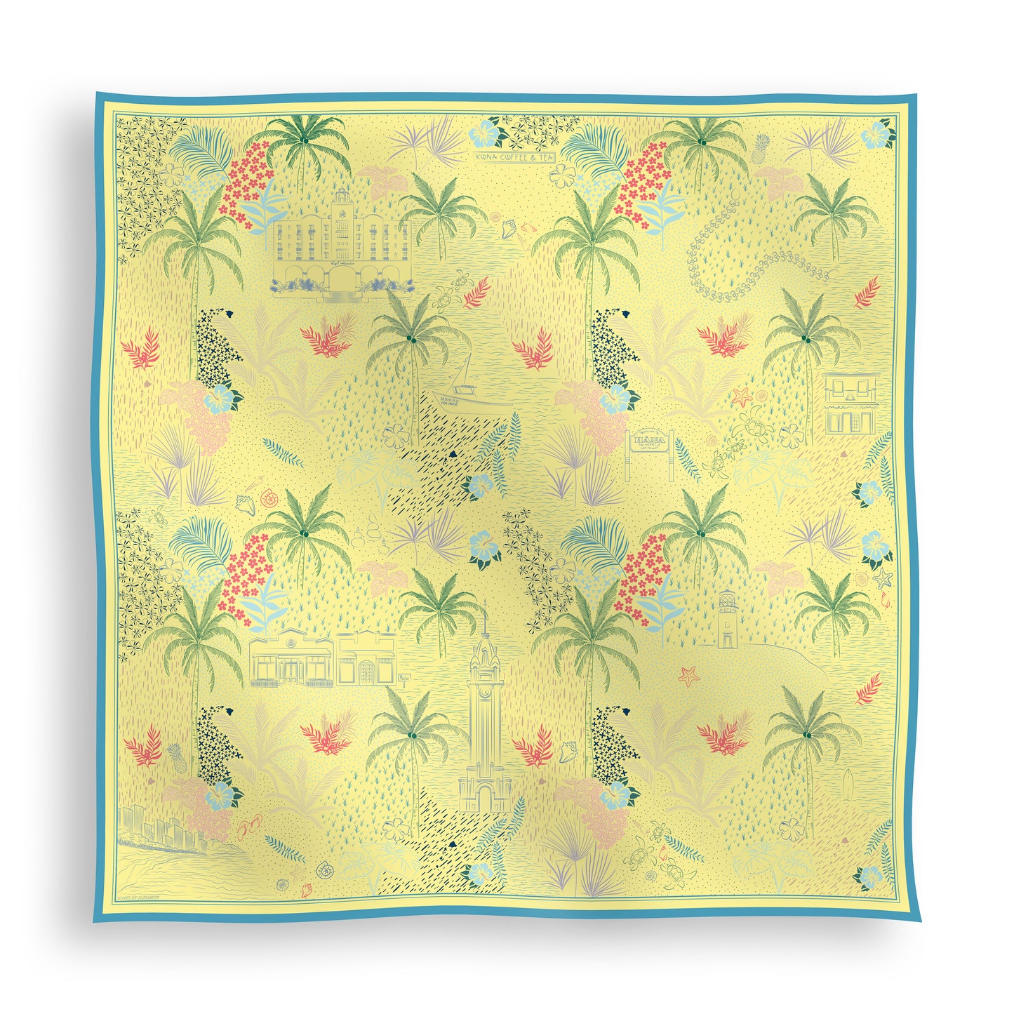 Pineapple Yellow Hawaii silk scarf featuring hand-drawn icons representing all of the Hawaiian Islands, including tropical motifs, island landmarks, florals, and coastal-inspired details displayed in a lay-flat view.