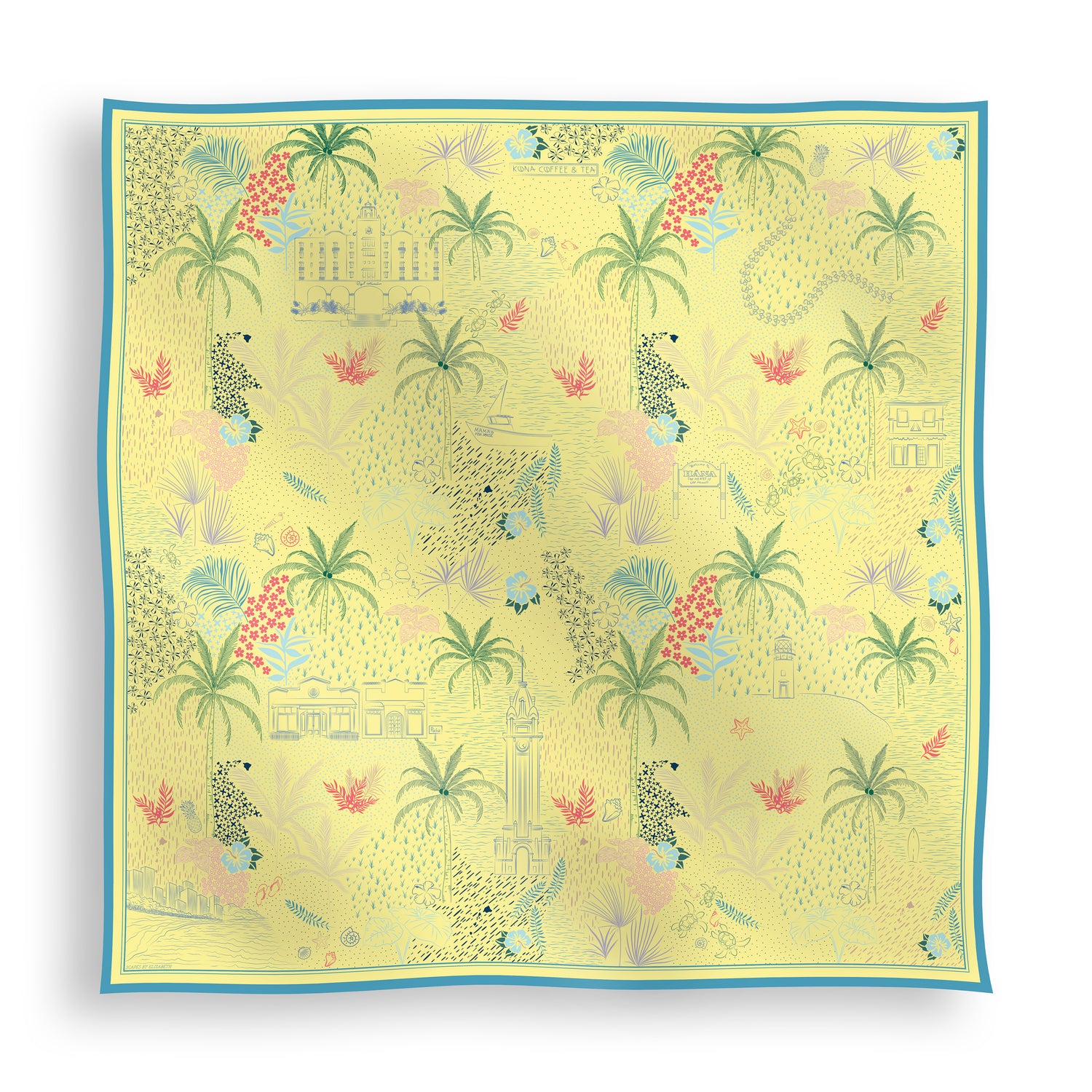 Pineapple Yellow Hawaii silk scarf featuring hand-drawn icons representing all of the Hawaiian Islands, including tropical motifs, island landmarks, florals, and coastal-inspired details displayed in a lay-flat view.