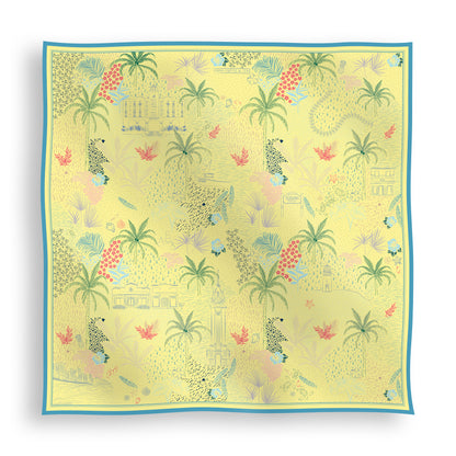 Pineapple Yellow Hawaii silk scarf featuring hand-drawn icons representing all of the Hawaiian Islands, including tropical motifs, island landmarks, florals, and coastal-inspired details displayed in a lay-flat view.