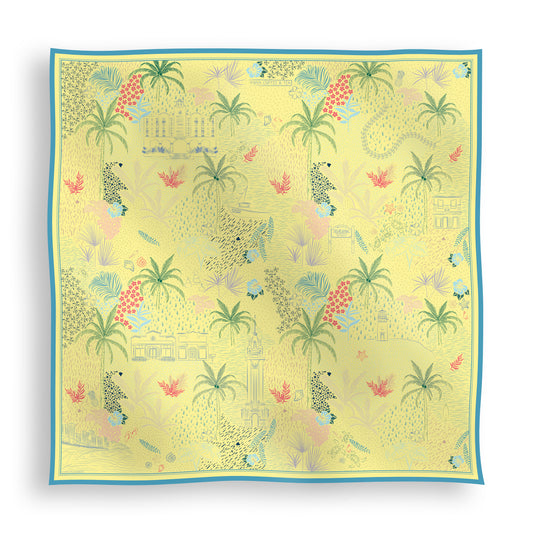 Pineapple Yellow Hawaii silk scarf featuring hand-drawn icons representing all of the Hawaiian Islands, including tropical motifs, island landmarks, florals, and coastal-inspired details displayed in a lay-flat view.