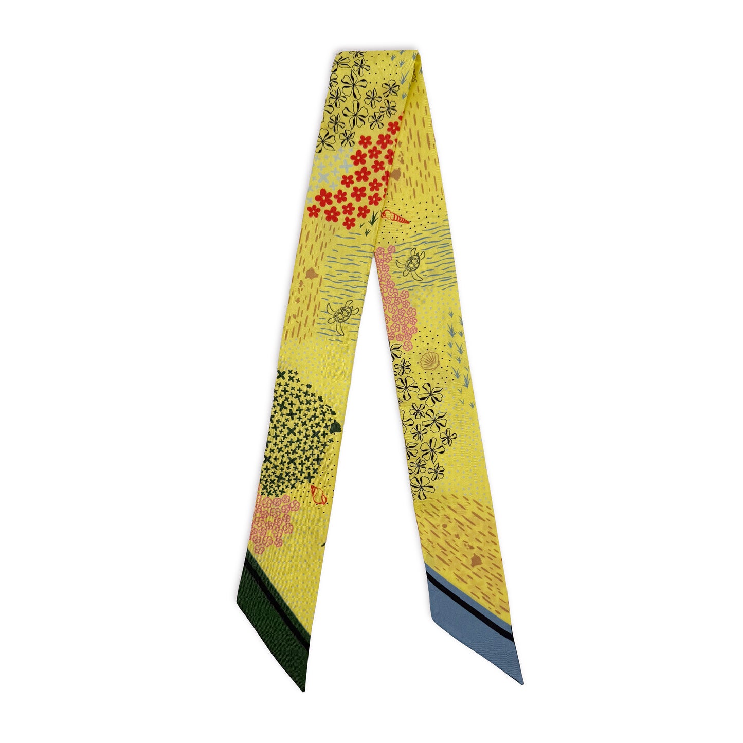 Pineapple Yellow Hawaii silk twilly featuring colorful red, pink, beige, blue, and green hand-drawn tropical flowers, coastal shells, ocean waves, and Hawaiian-inspired design details on a bright yellow background.
