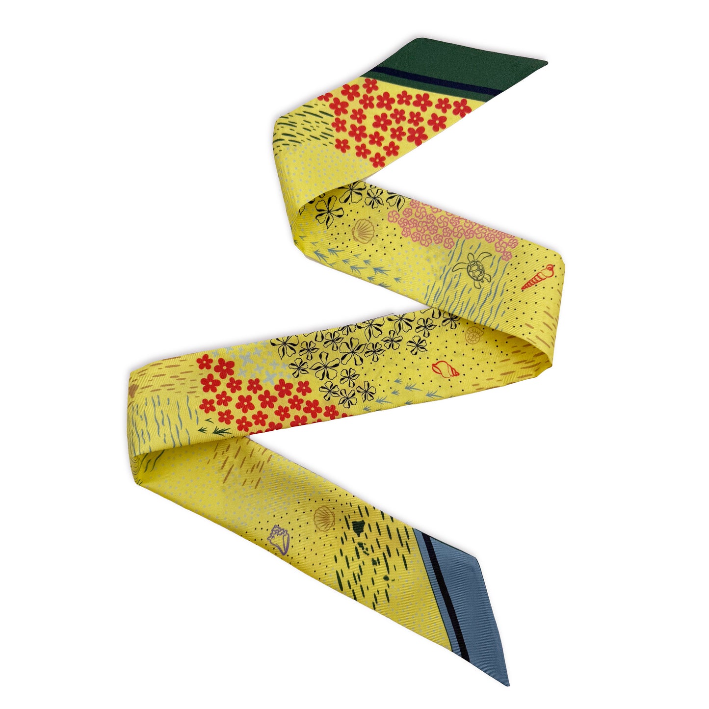 Pineapple Yellow Hawaii silk twilly featuring colorful hand-drawn tropical flowers, coastal shells, ocean waves, and Hawaiian-inspired island motifs on a bright yellow background displayed in a lay-flat view.