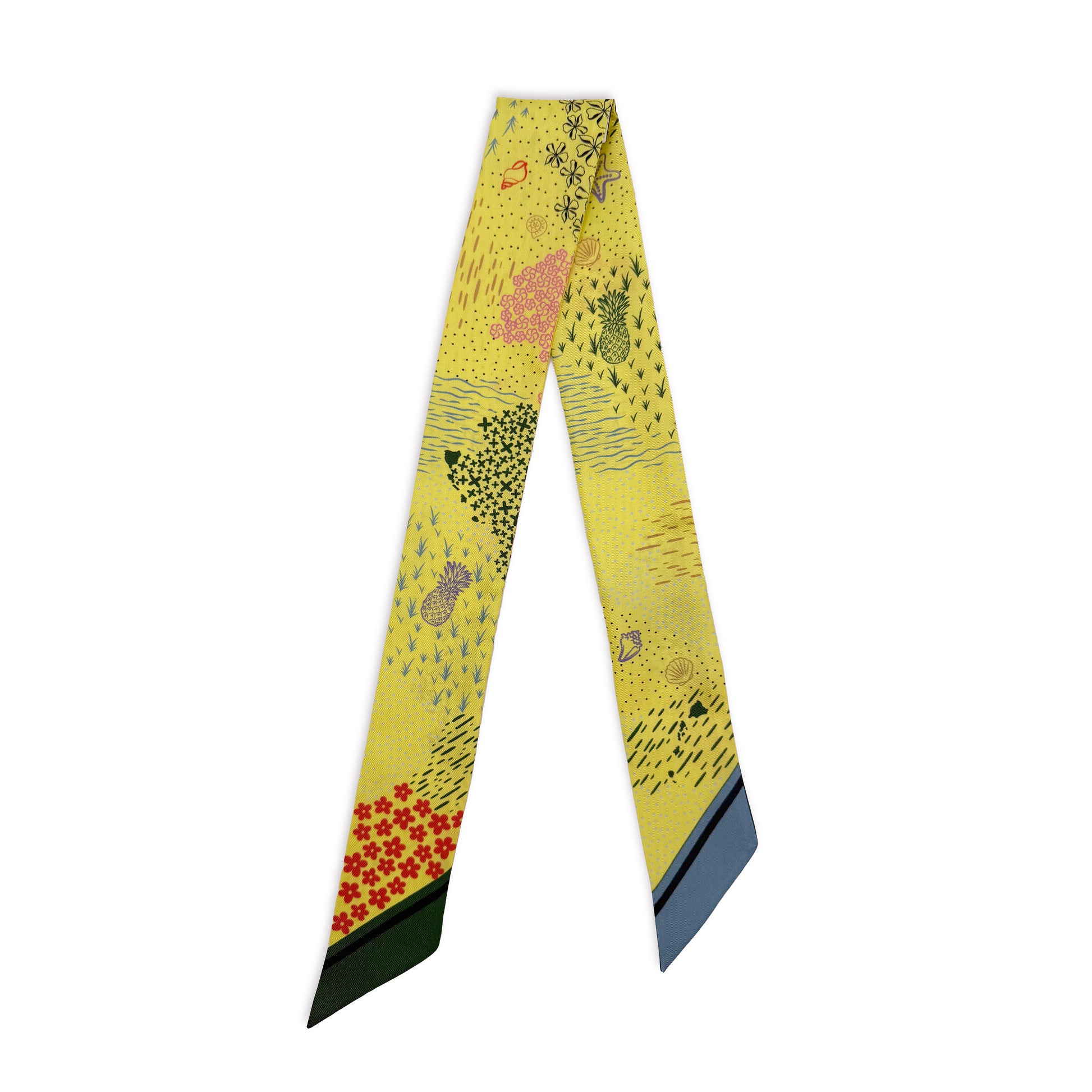 Pineapple Yellow Hawaii silk twilly featuring colorful hand-drawn tropical flowers, coastal shells, ocean waves, and Hawaiian-inspired design details on a bright yellow background.