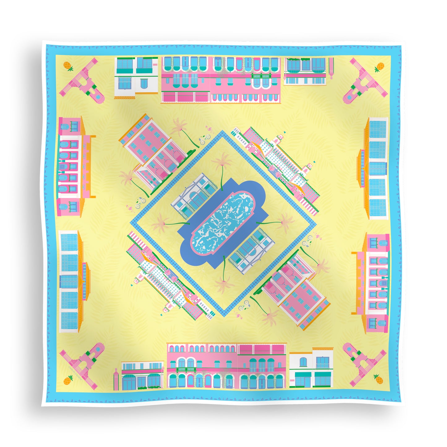 Pink Breeze Palm Beach silk scarf featuring hand-drawn illustrations of iconic Palm Beach landmarks including The Breakers, The Colony Hotel, Worth Avenue, the Flagler Museum, Royal Poinciana Plaza, the Society of the Four Arts, and the Palm Beach Clock Tower displayed in a lay-flat view.