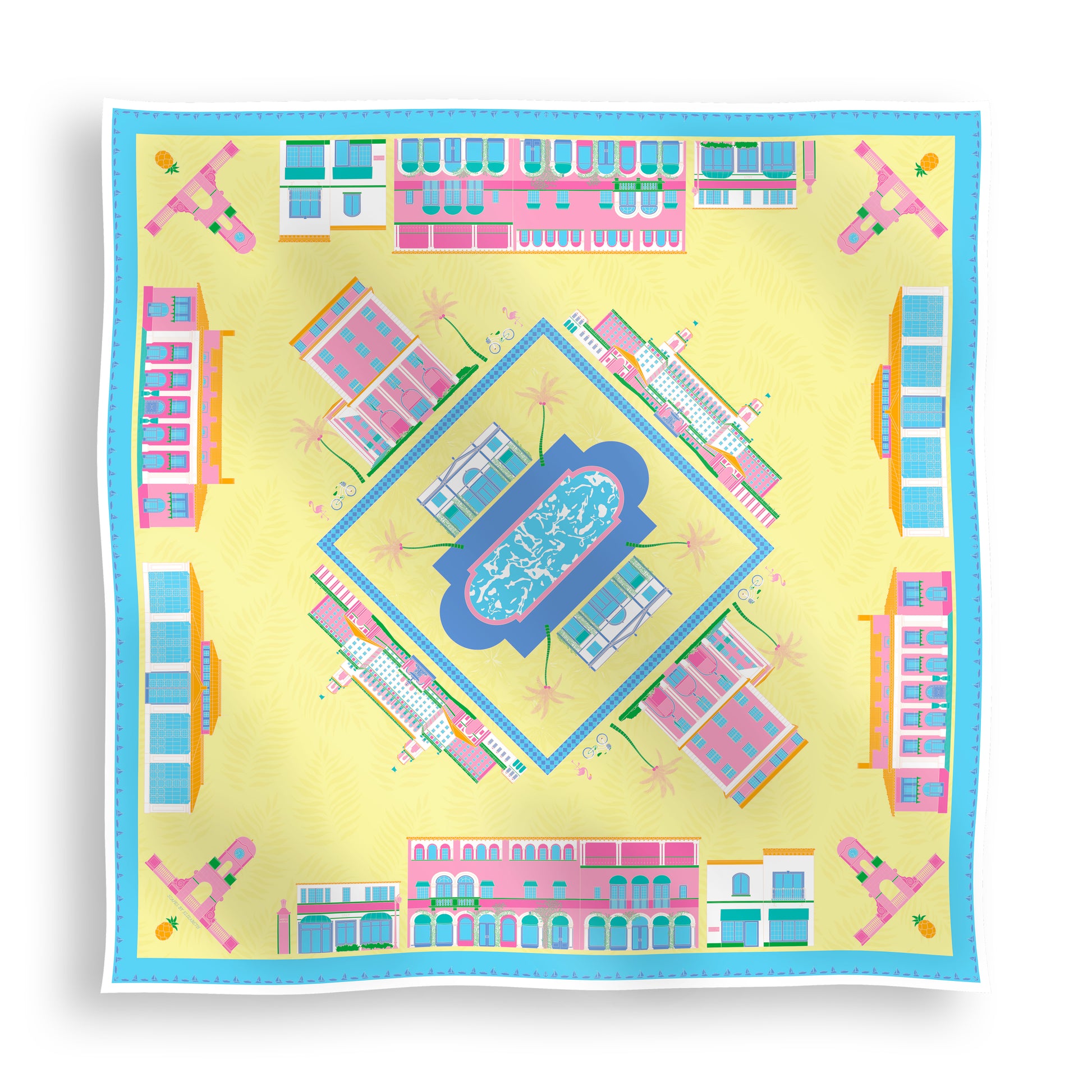 Pink Breeze Palm Beach silk scarf featuring hand-drawn illustrations of iconic Palm Beach landmarks including The Breakers, The Colony Hotel, Worth Avenue, the Flagler Museum, Royal Poinciana Plaza, the Society of the Four Arts, and the Palm Beach Clock Tower displayed in a lay-flat view.